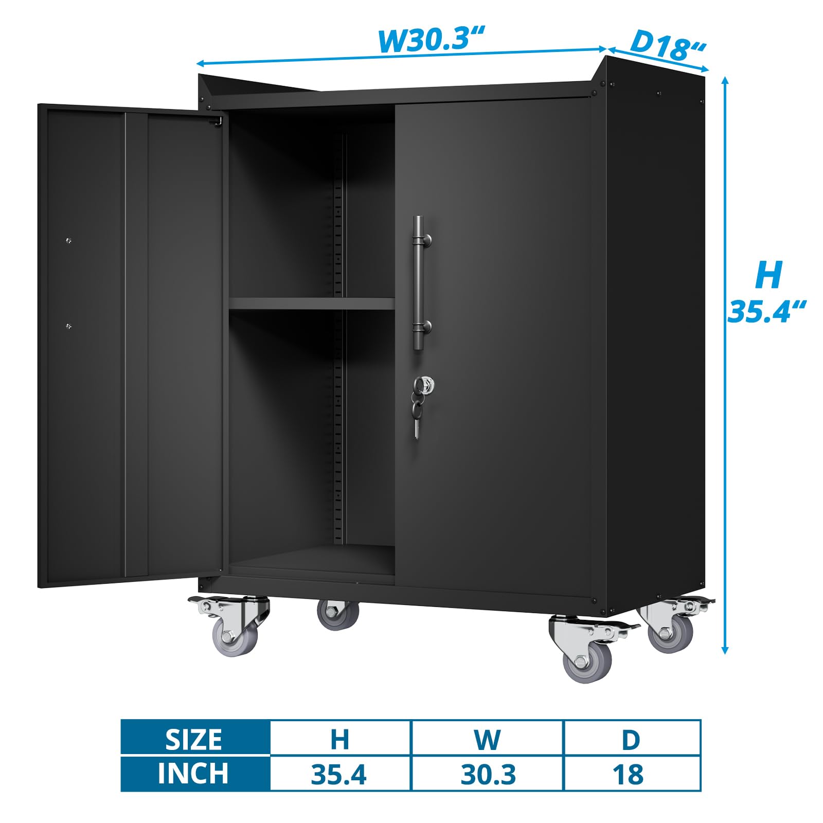 Heavy Duty Lockable Metal Storage Cabinet with Adjustable Shelves & Wheels - 35.4