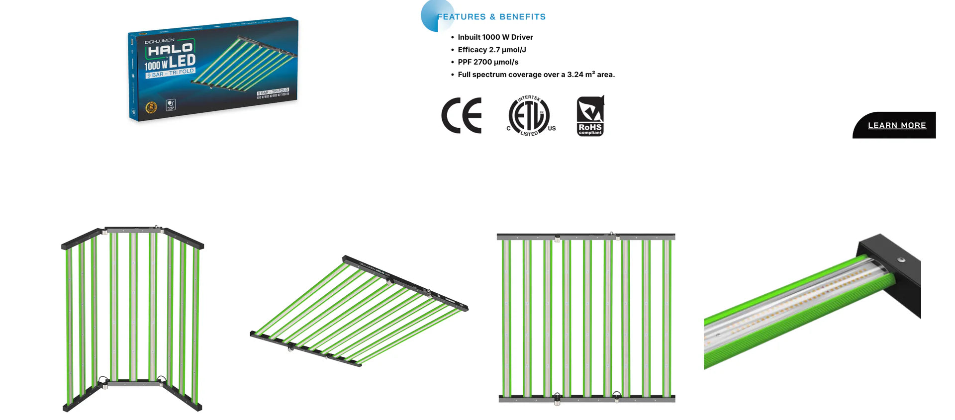 Digi Lumen 1000W Halo 9 Bar LED Grow Light with Built-in Driver - Tri-Fold Design for Indoor Plants, Hydroponics & Greenhouse Cultivation