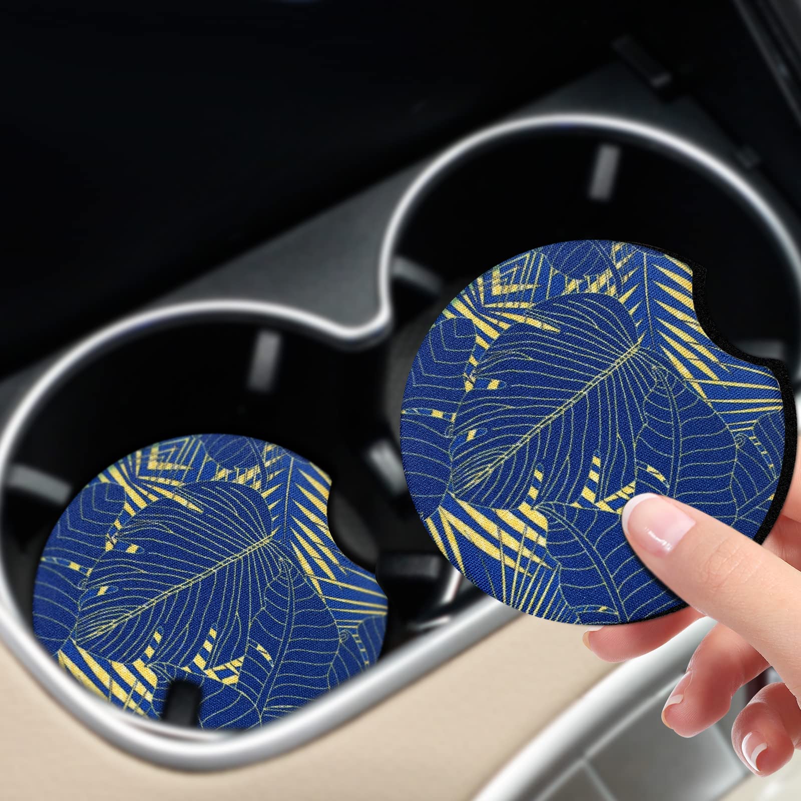 xbrtaia 2 Pack Gold Leaf Pattern Car Cup Holder Coasters - Universal Anti-Slip Auto Drink Holder Insert for Cars, SUVs & Trucks - Stylish Interior Accessories for Men & Women - Perfect for Commuting, Road Trips and Daily Driving
