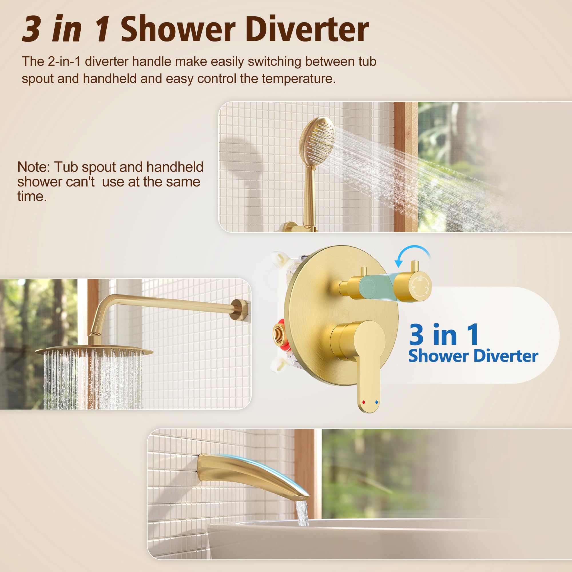 Gabrylly Brushed Gold Shower System with Tub Spout - 10