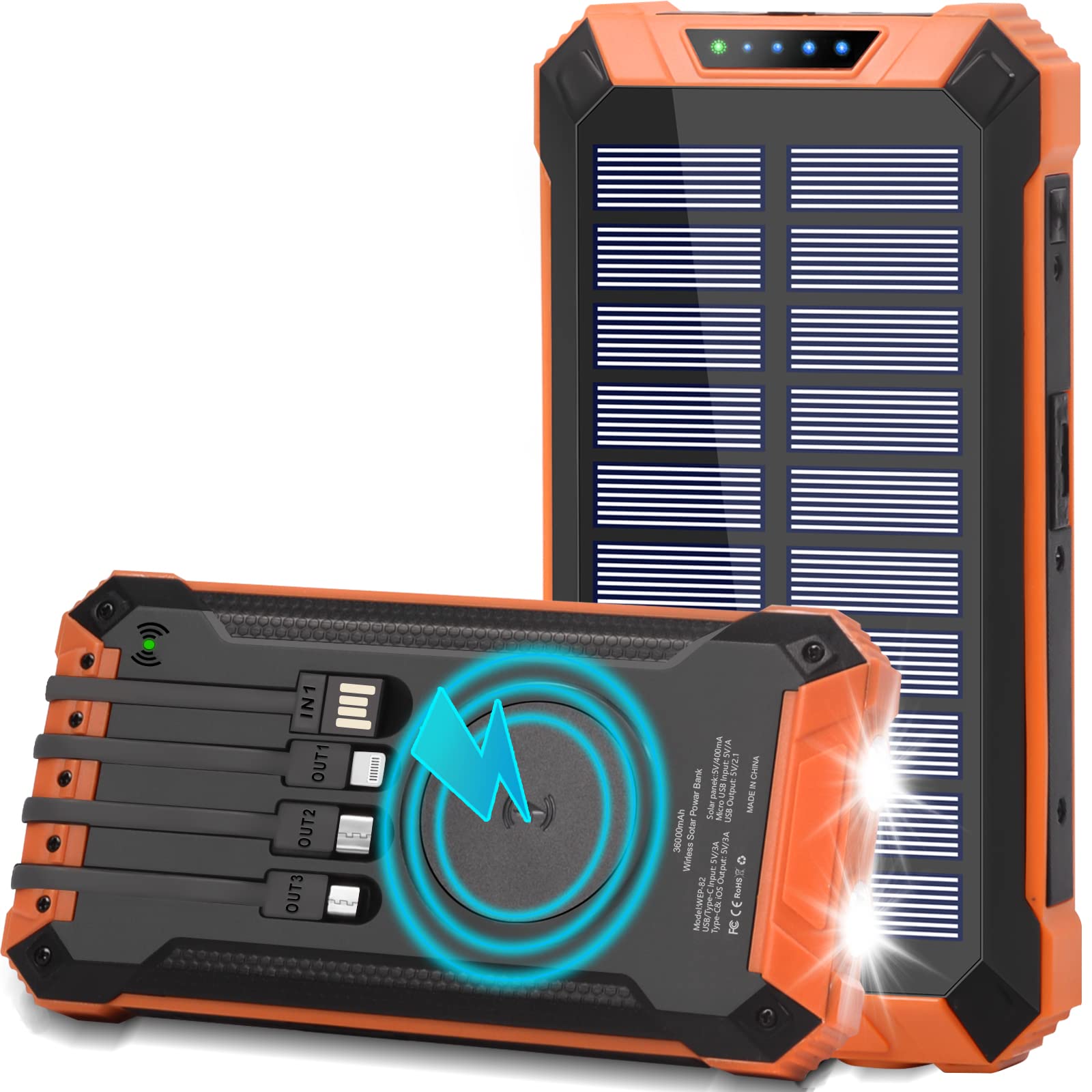 36000mAh Solar Power Bank with Qi Wireless Charging | Portable Solar Charger with Built-in 4 Cables, USB-C Quick Charge & LED Flashlight | 6 Outputs & 3 Inputs External Battery Pack for iPhone, Android Phones | Perfect for Camping, Hiking, Travel & Emergency Power Backup