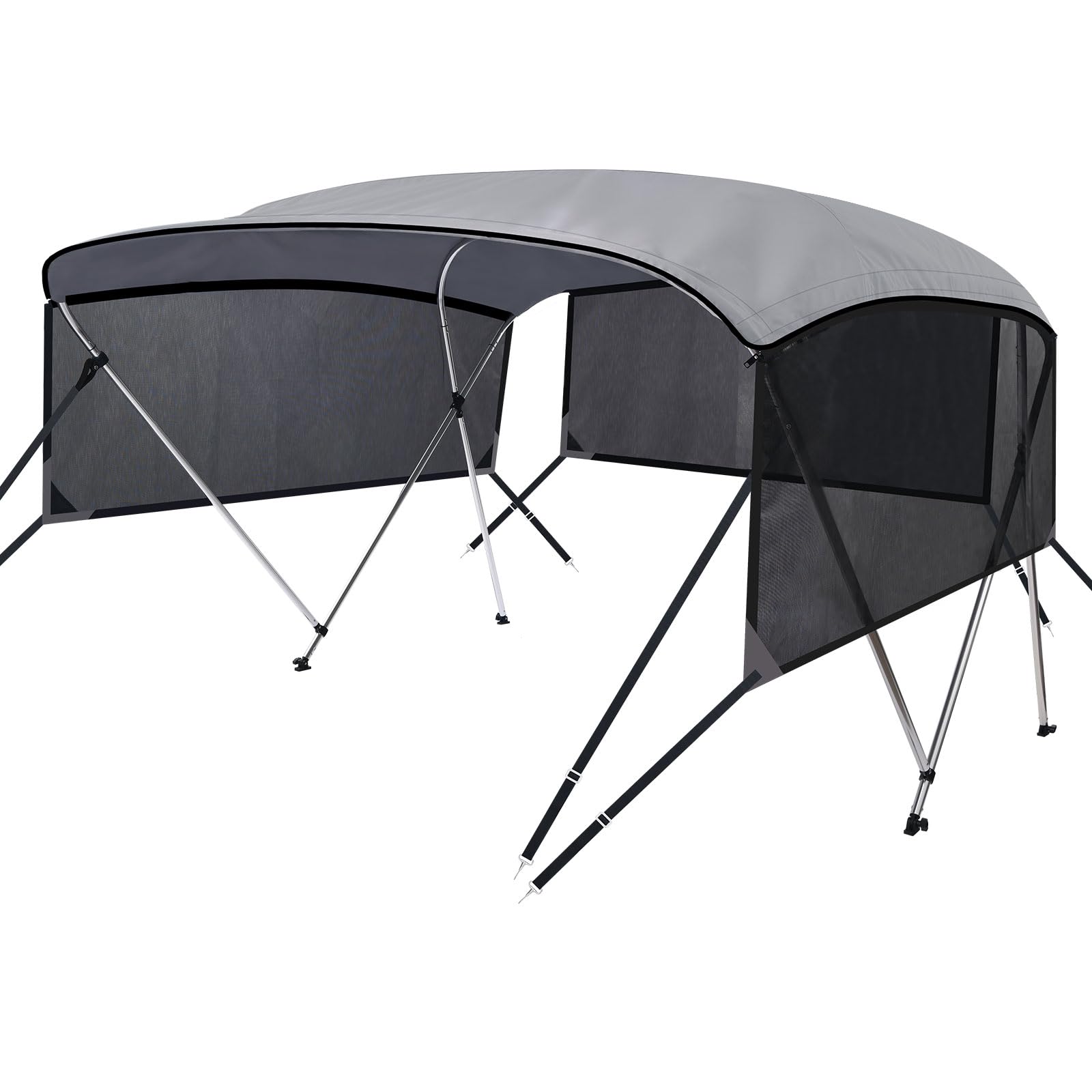 KAKIT 3-4 Bow Bimini Top for Boats with 3 Mesh Sidewalls & Rear Support Poles - UV Resistant Boat Canopy with Straps & Storage Boot (Dark Gray) - Perfect for Fishing, Cruising & Water Sports Protection
