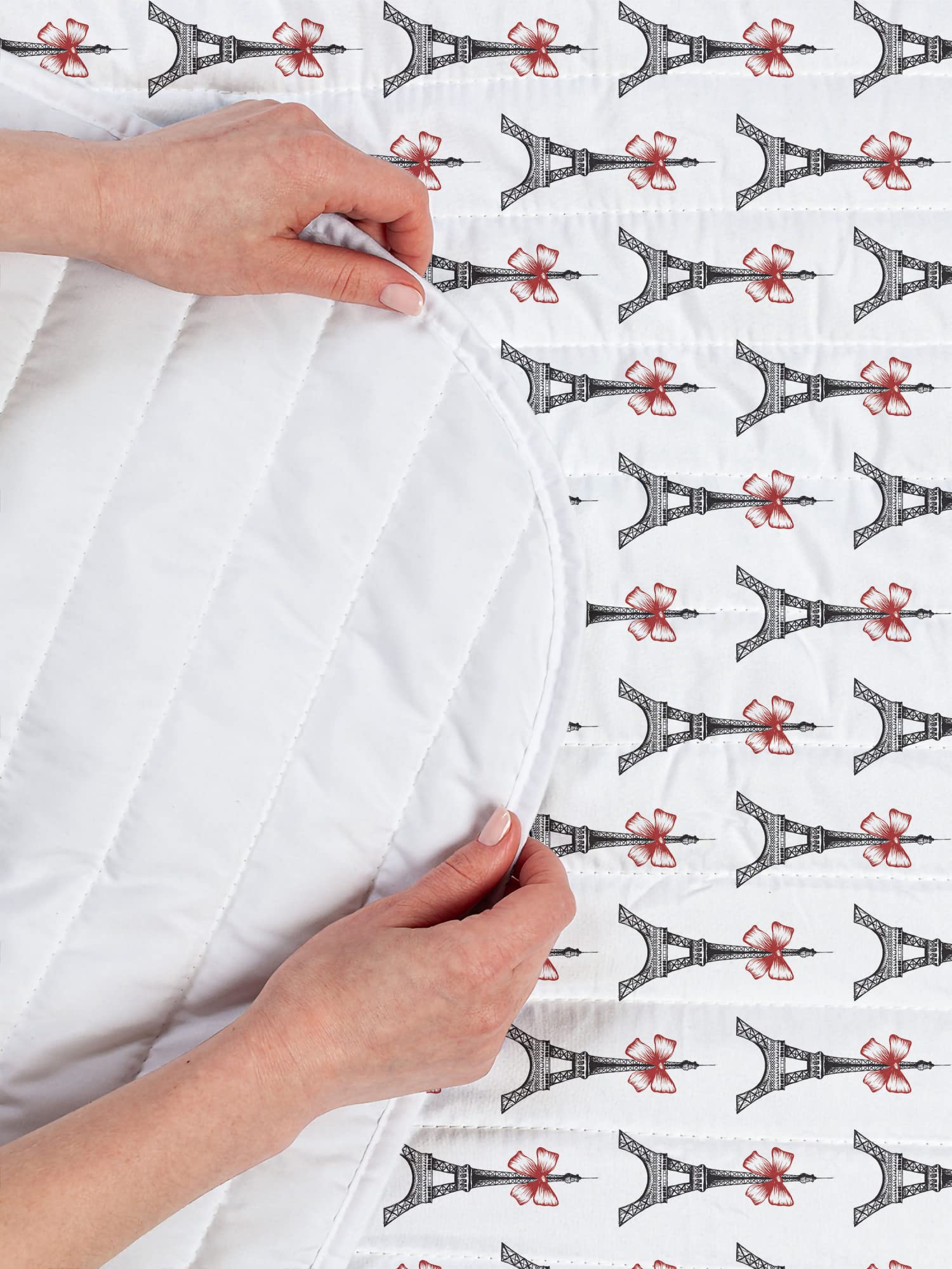 Ambesonne Eiffel Tower Microfiber Bedspread Set - Parisian Sketch Art Design with Bowties, Queen Size Soft Bedding Set Includes Comforter & Pillow Shams in Ruby Black White | Perfect for Paris-Themed Bedrooms, Travel Enthusiasts & Home Decor