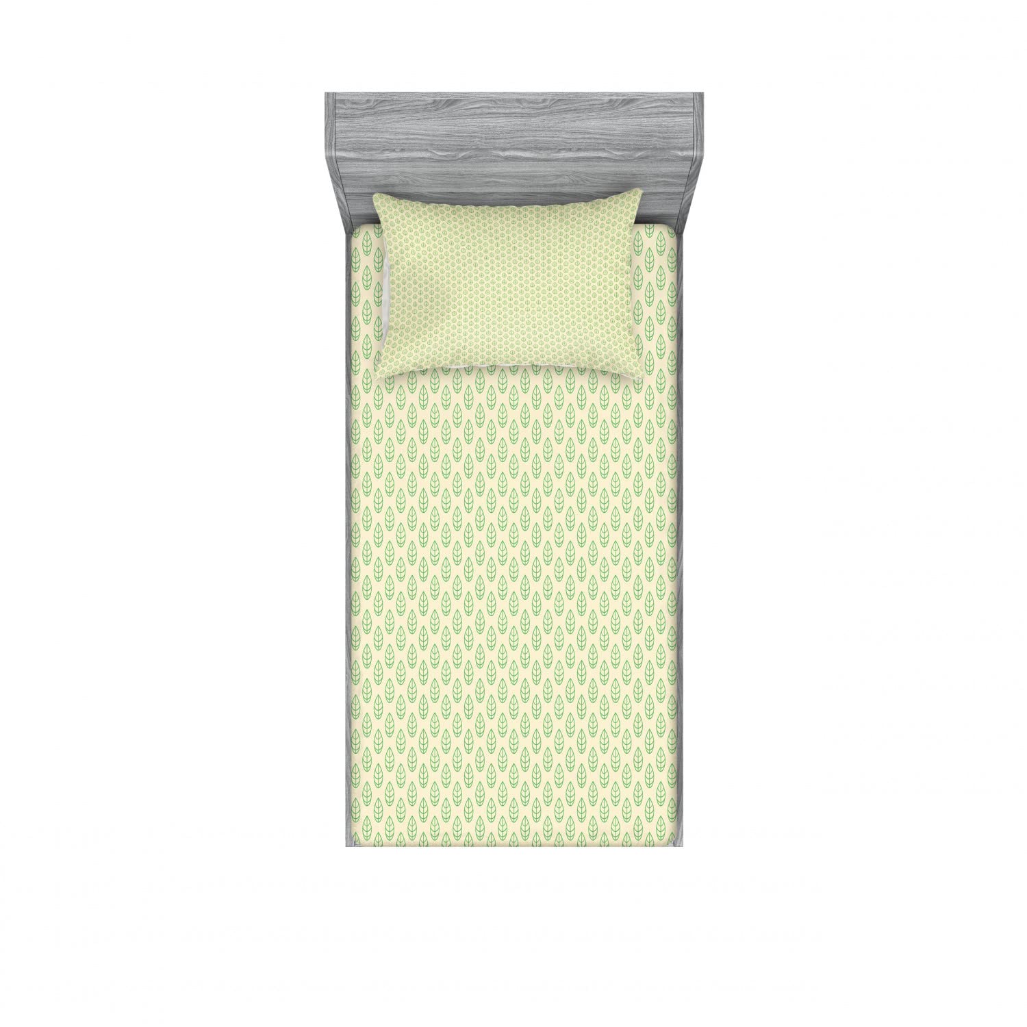 Ambesonne 2-Pack Twin Fitted Sheets & Pillow Sham Set - Geometric Spring Leaves Pattern, Green & White 4-Piece Bedding Set for Kids Room, Guest Bed or Dorm Decor