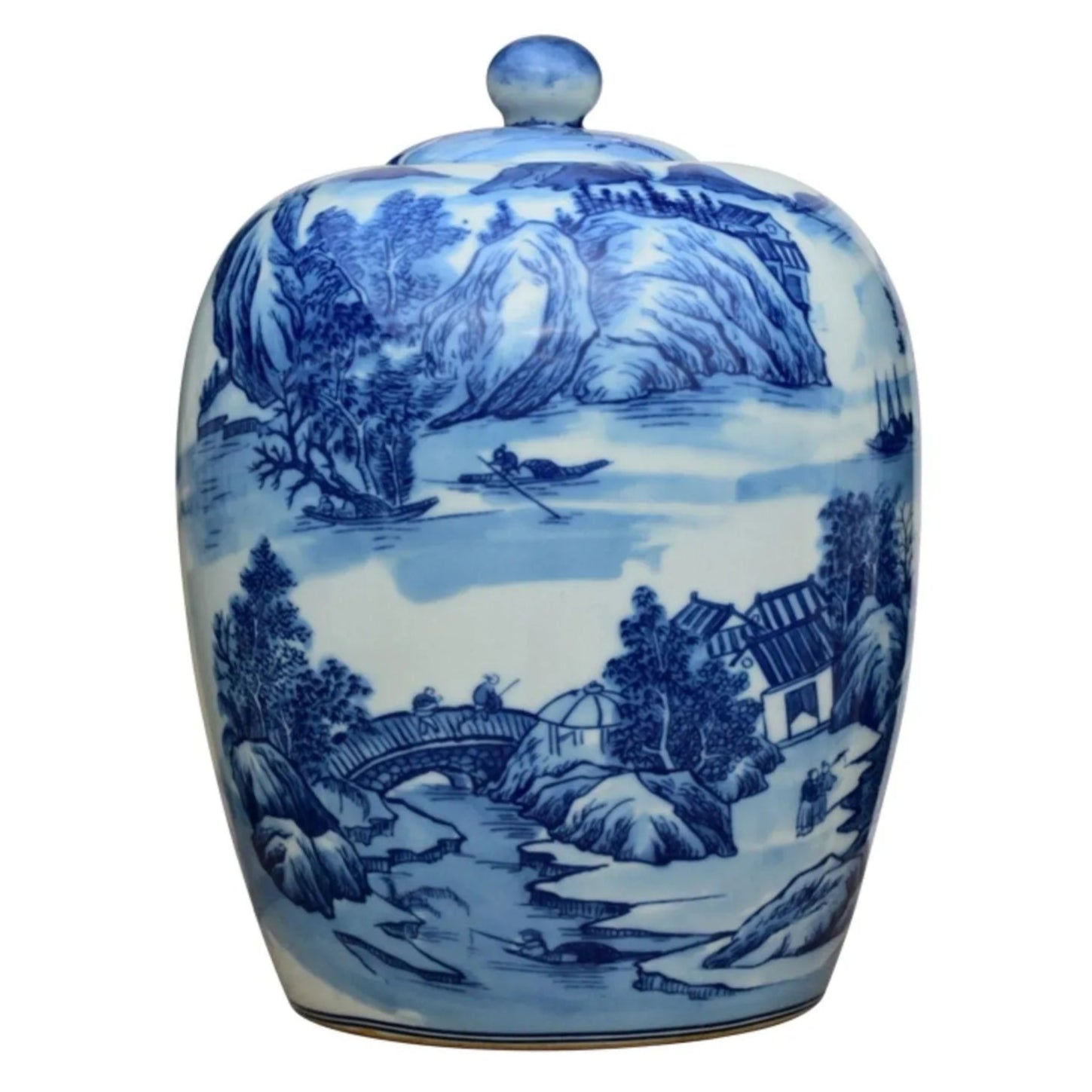 Antique Blue and White Porcelain Canton Rivers Ginger Jar - Chinese Hand-Painted Ceramic Vase for Home Decor, Wedding Centerpiece & Luxury Gift