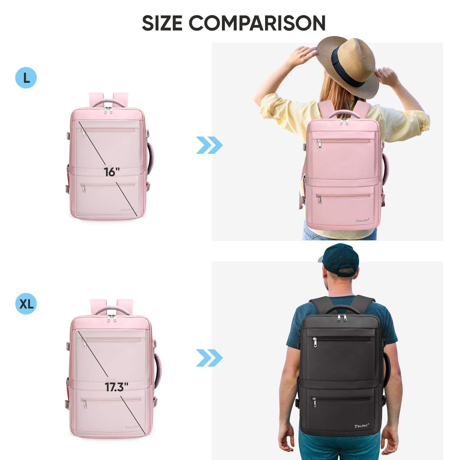 BALEINE Travel Backpack for Women & Men - Waterproof Large Carry On Laptop Backpack with USB Charging Port - Perfect for Business Travel, Weekend Getaways, Hiking & College (Large, Pink)