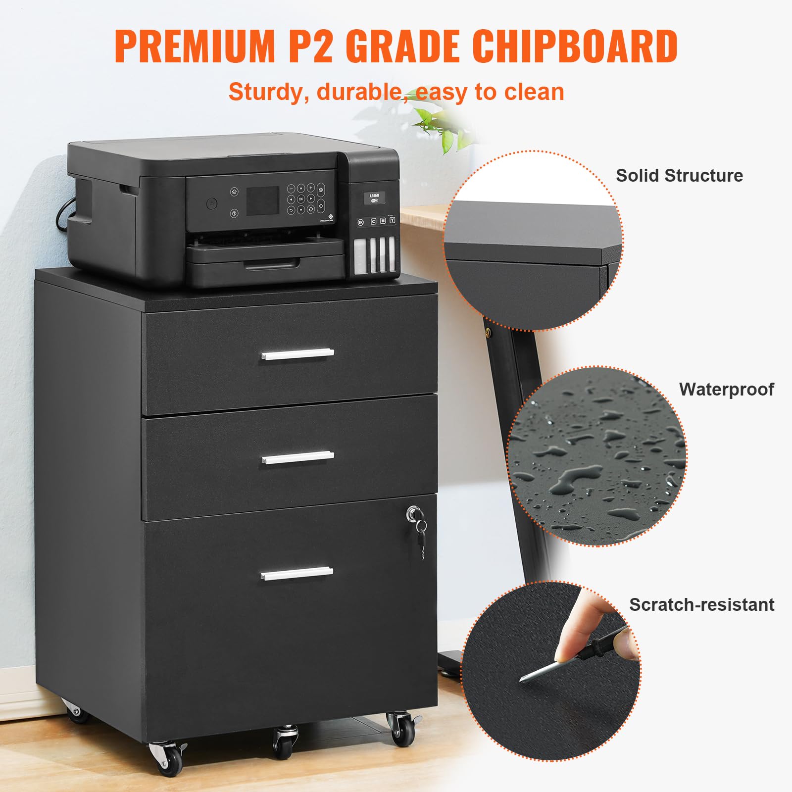 VEVOR 3-Drawer Wood File Cabinet with Lock - Letter/A4 Size Office Storage - 5-Wheel Rolling Design for Home & Office - Black - Perfect for Document Organization & Workspace Storage