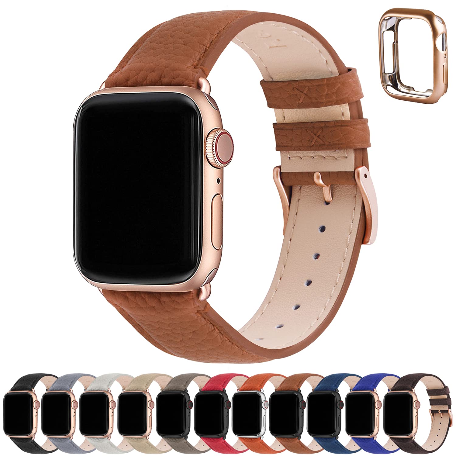 Fullmosa Genuine Leather Apple Watch Bands Compatible with Series 9/8/7/6/5/4/3/2/1/SE/Ultra 2 (38mm 40mm 41mm 42mm 44mm 45mm 49mm) - Stylish iWatch Strap with Protective Case for Women - Perfect for Work, Dating & Formal Occasions