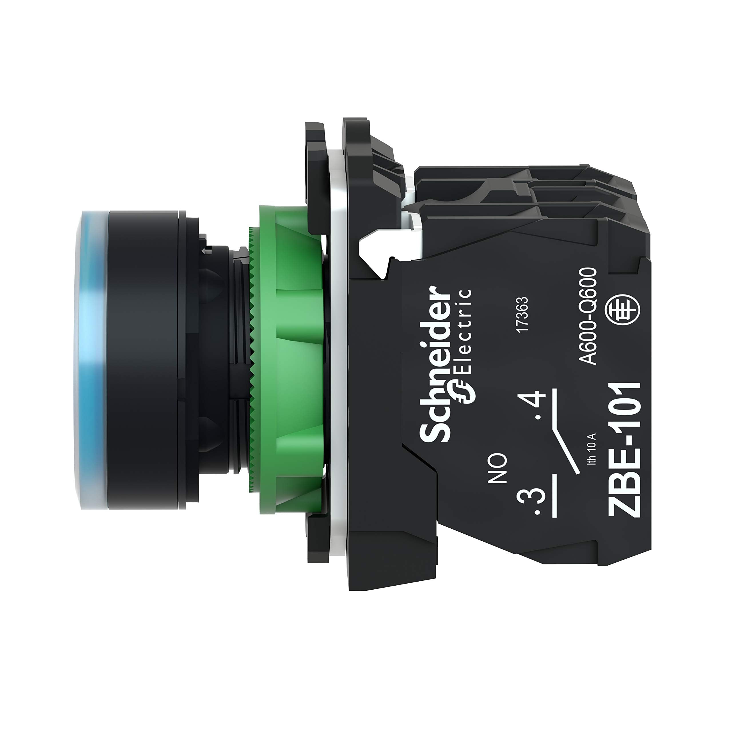 Schneider Electric XB5AW36B5 22mm Plastic Spring Return Push Button Switch - Light Blue, 24V AC/DC, NA+NF - Perfect for Industrial Control Panels and Machinery