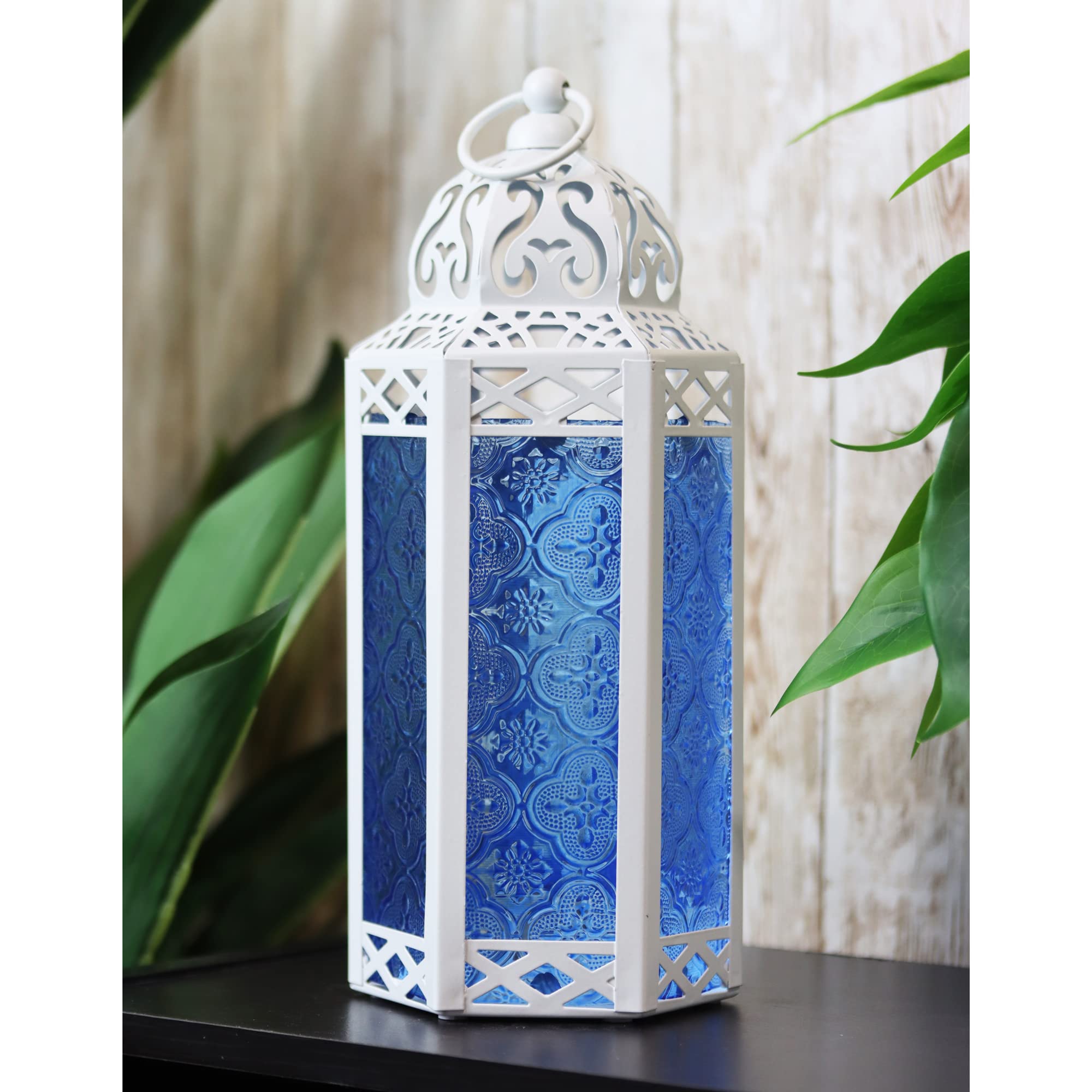 Vela Moroccan Lanterns Set of 3 - White Cobalt Glass Candle Holders for Indoor & Outdoor Decor, Patio, Garden, Weddings & Special Events - Elegant Home Lighting for Dining Room, Porch & Backyard