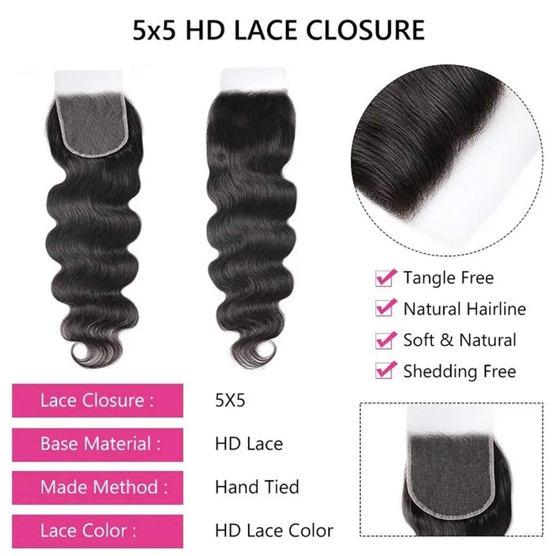 Beauty Forever HD Lace Closure 5x5 - Unprocessed Virgin Human Hair with Body Wave - Transparent Lace Closure, Pre-Plucked Hairline, Natural Black Color (18 Inch) | Perfect for Protective Styles, Weaves & Natural-Looking Hair Extensions