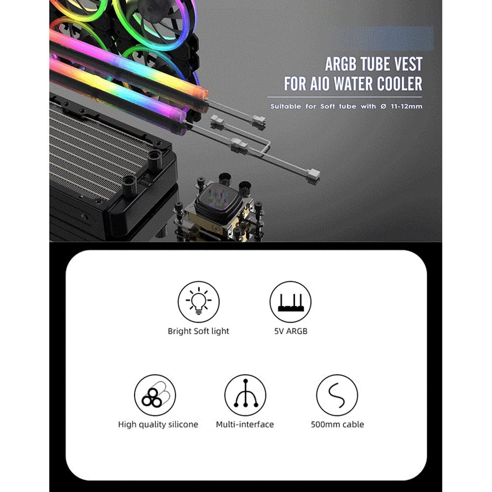XIDIT 2-Piece LED Tube Sleeve for CPU Liquid Cooler - 5V 3-Pin ARGB Motherboard Sync, Soft Tube AIO Lighting Kit - White PC Case Mod for Gaming Rigs & Custom Builds (Perfect for RGB Enthusiasts & Streamer Setups)
