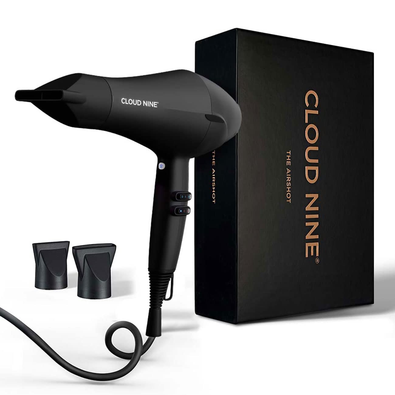 CLOUD NINE The Airshot Hair Dryer - 2000W Fast Drying for All Hair Types | Variable Temperature Control with 3 Settings | Includes 2 Nozzles & Anti-Static Technology | Compact & Powerful (Black) | Perfect for Travel, Home Use & Salon Styling