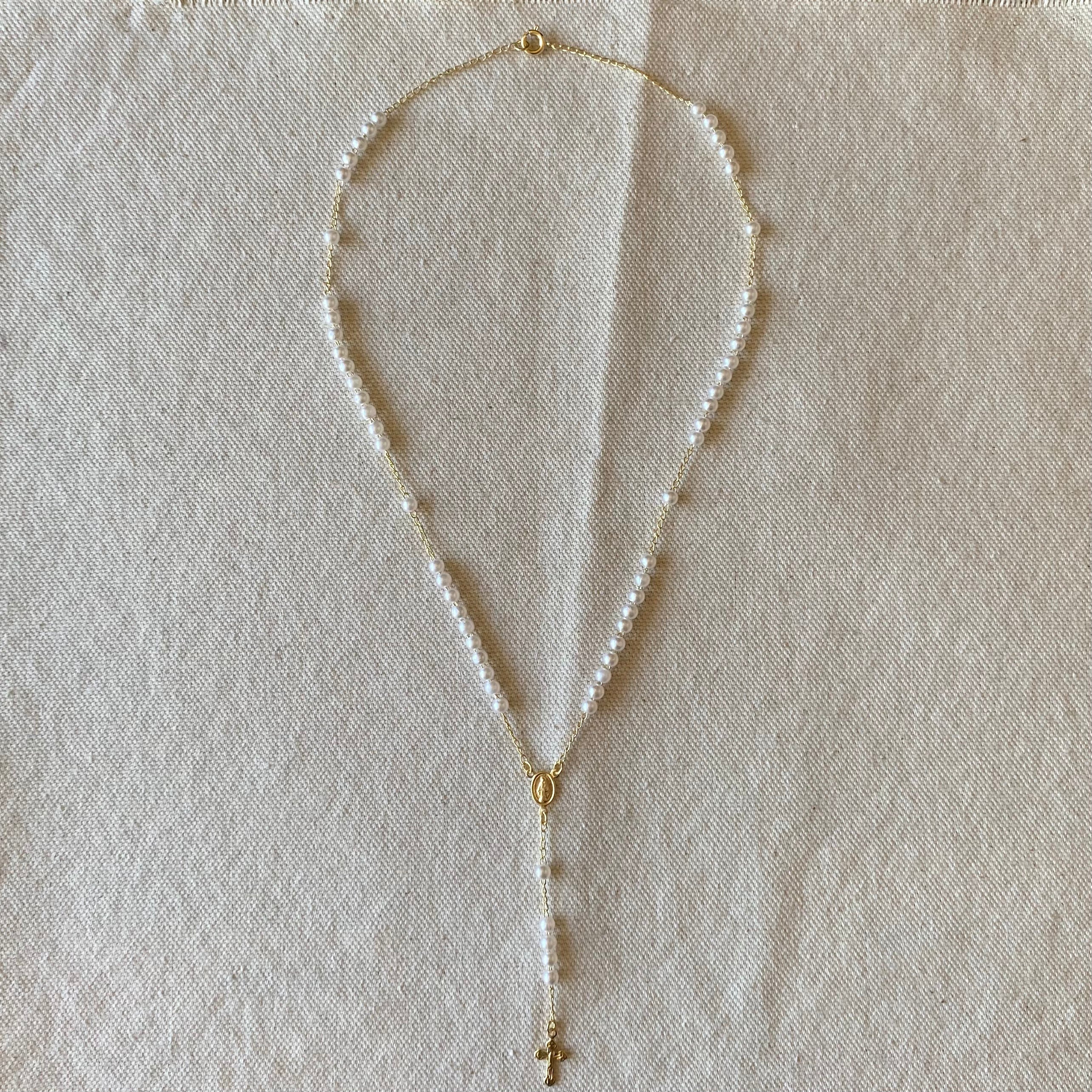 18K Gold Filled Our Lady of Graces Pearl Rosary Necklace - Elegant Religious Jewelry for Women, Gift for First Communion, Baptism & Prayer