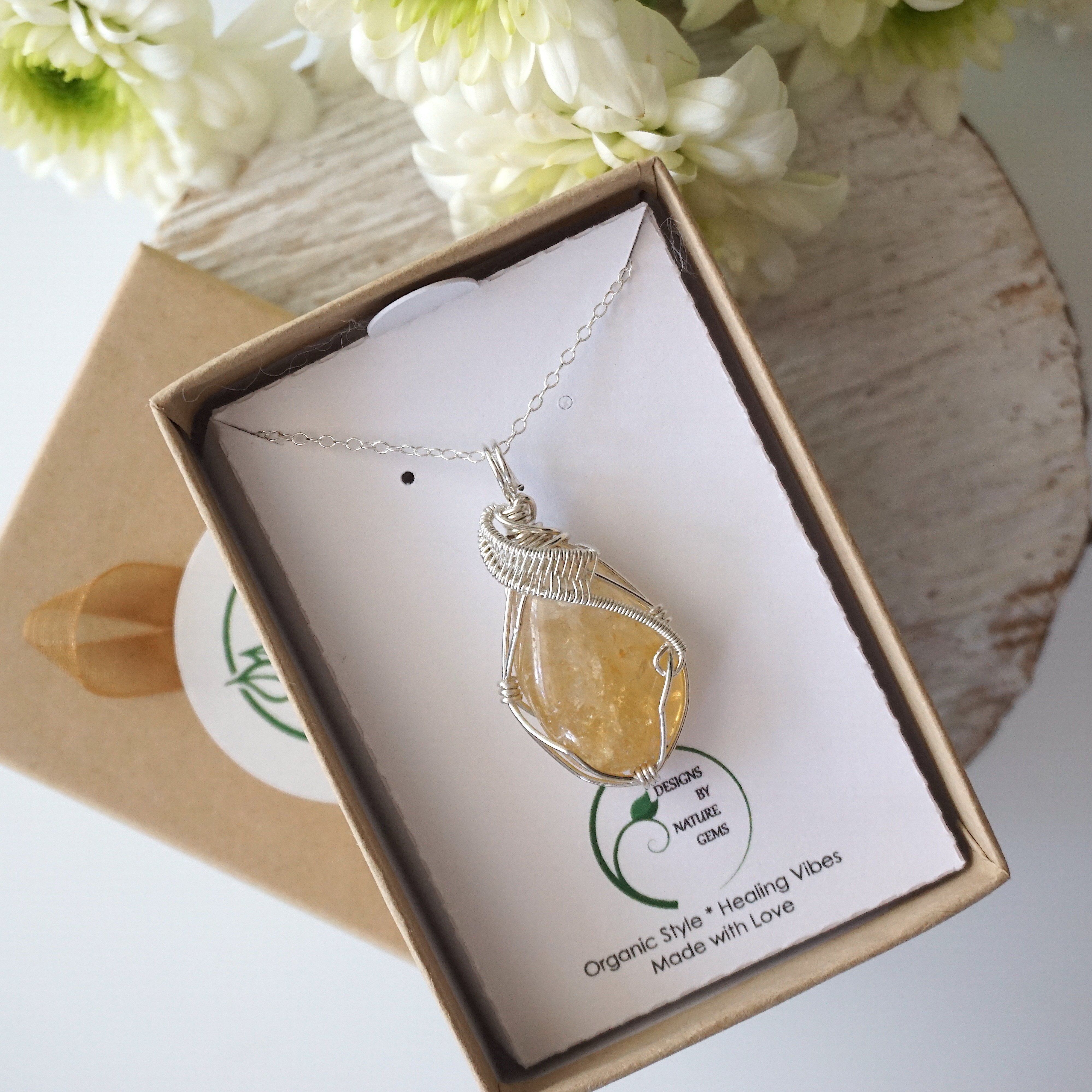 Natural Raw Citrine Pendant Necklace - 925 Sterling Silver with 18