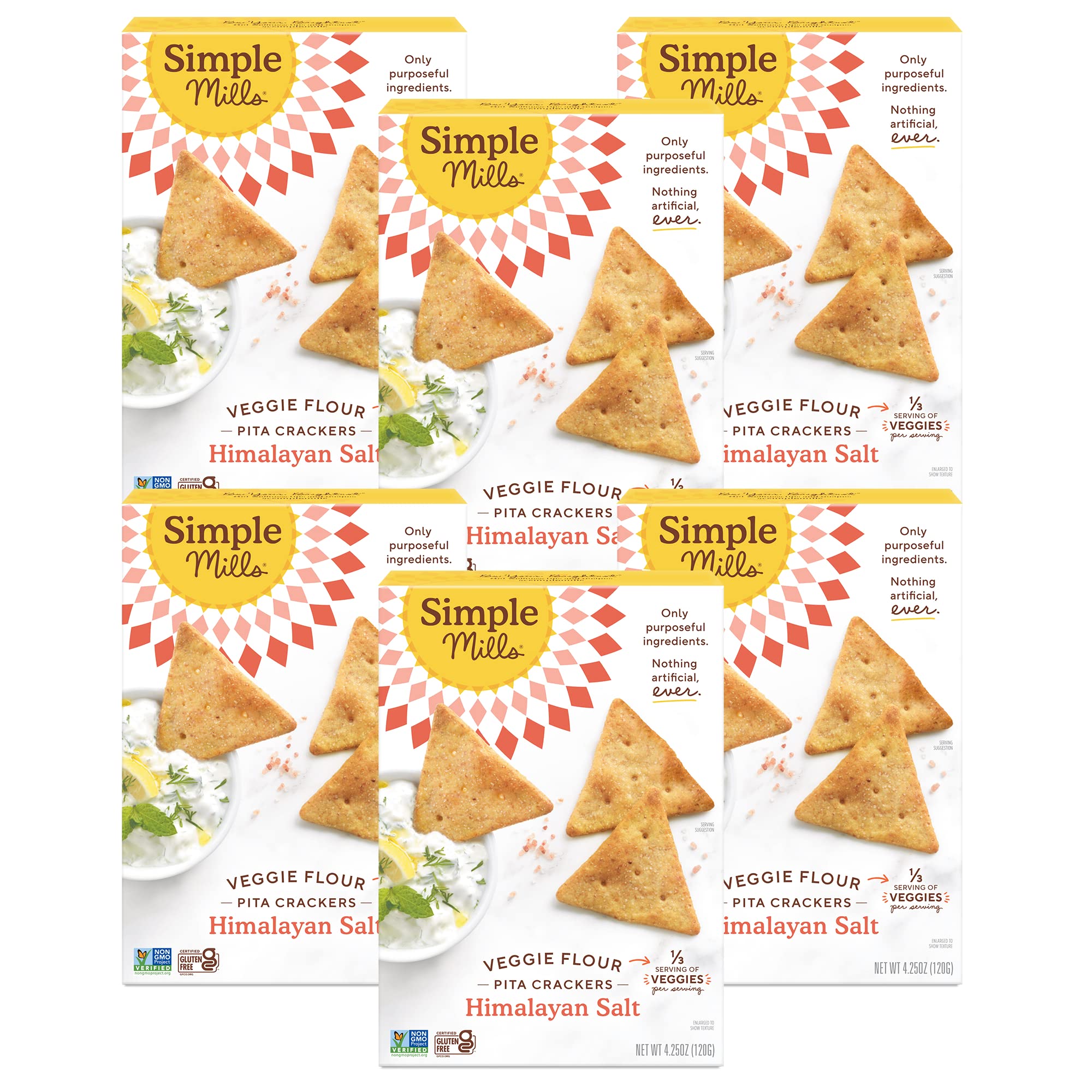 Simple Mills Veggie Pita Crackers with Himalayan Salt - Gluten Free, Vegan, Paleo Friendly Healthy Snacks, 4.25oz (Pack of 6) | Perfect for Lunchboxes, Party Platters & On-the-Go Snacking