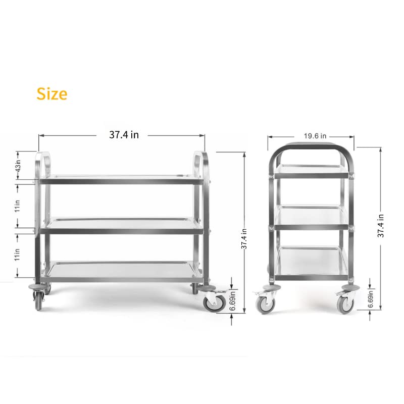 3-Tier Stainless Steel Utility Cart with Wheels - 37.4