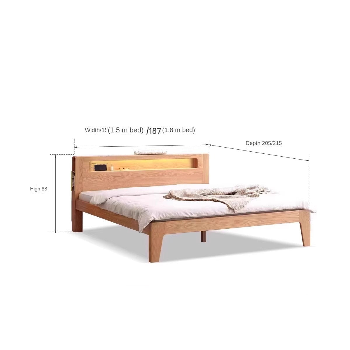 Solid Oak and Beech Wood Bed with Built-in LED Lights and Bookshelf - Modern Bedroom Furniture for Small Spaces, Lofts, and Studio Apartments