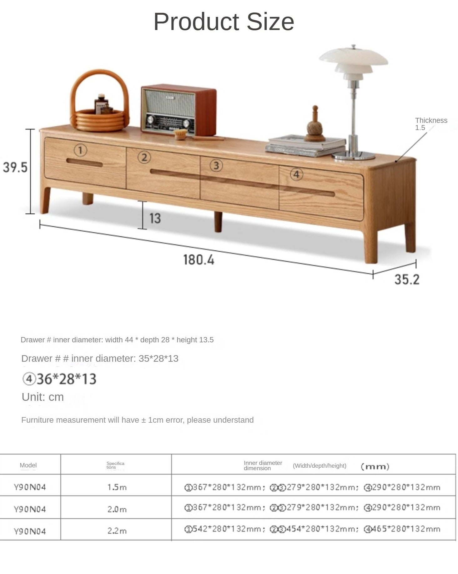 Solid Oak Wood TV Stand with 4 Drawers - Sturdy Media Console for Living Room, Bedroom & Home Theater Storage