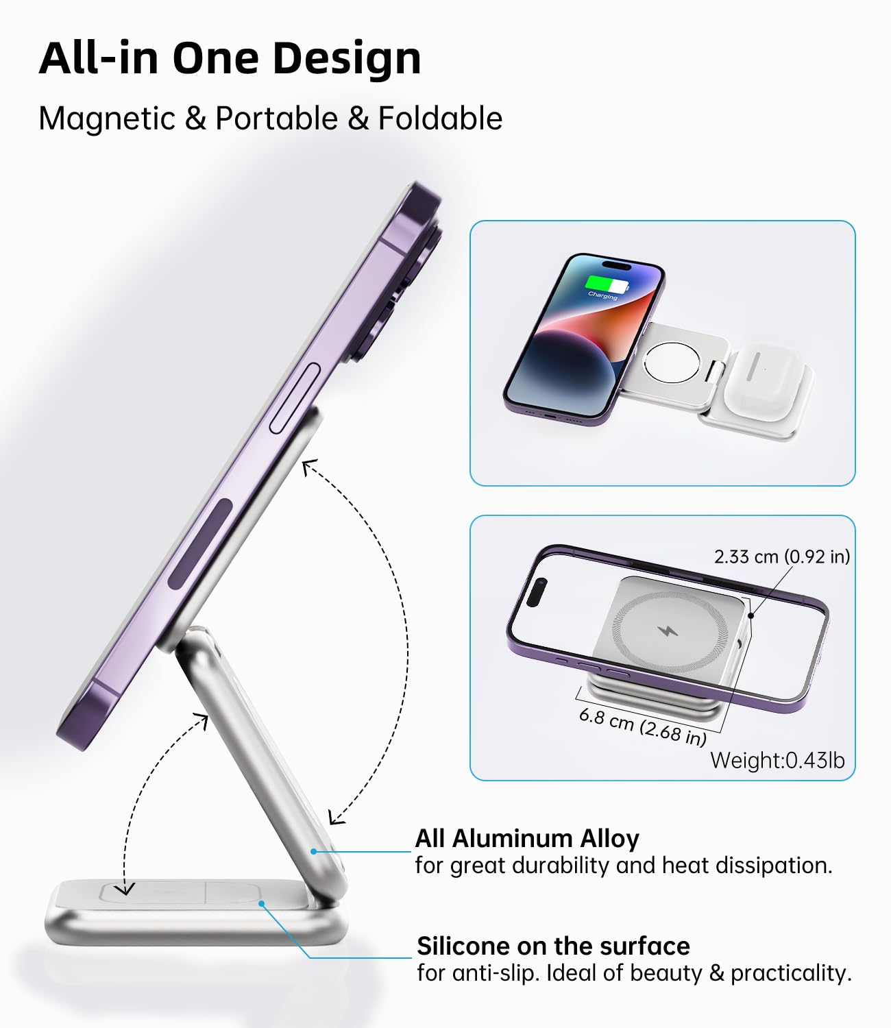 3-in-1 Foldable Magnetic Wireless Charging Station - 15W Fast Mag-Safe Charger for iPhone 14/13/12 Pro Max, AirPods 3/2/Pro & Apple Watch - Aluminum Alloy Stand with Adapter (Silver) | Perfect for Home, Office & Travel Charging