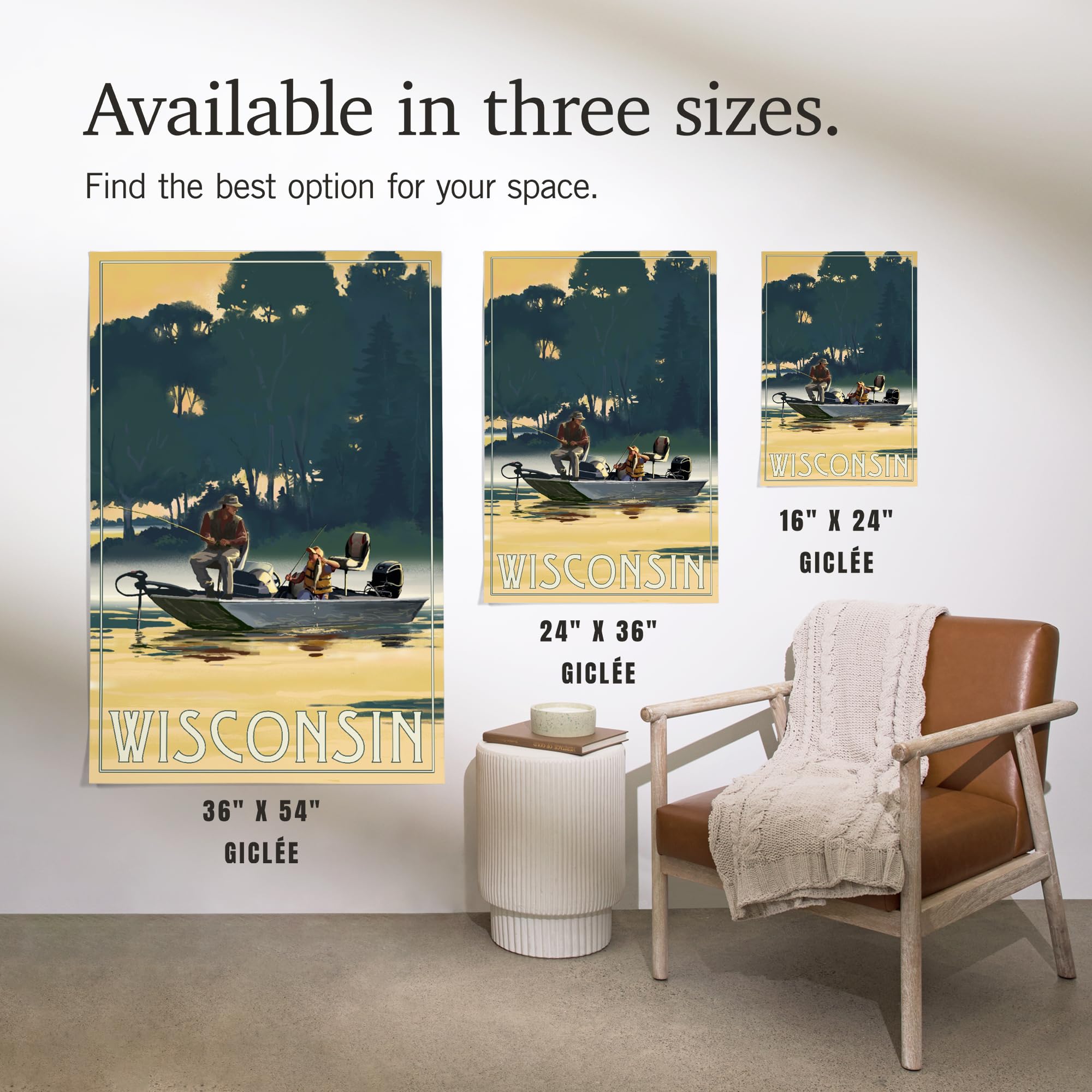 Lantern Press 16x24 Inch Giclee Art Print - Wisconsin Landscape with Fishermen in Boat - Wall Decor for Living Room, Bedroom & Office