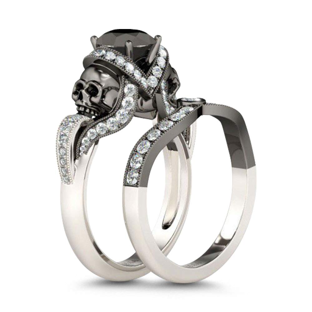 Jeulia Black Diamond Wedding Ring Set for Women & Men - 925 Sterling Silver Skull Twist Rings - Gothic Nightmare Before Christmas Jewelry - Halloween CZ Solitaire Promise Rings for Couples - Perfect for Anniversaries, Weddings & Gothic Fashion Lovers