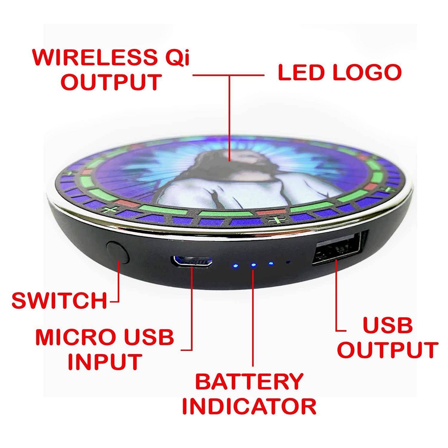 Jesus Christ Wireless Charger with Backup Battery - Fast Charging for iPhone & Android | Portable Phone Charger with Stained Glass Design | Perfect Christian Gift for Baptism, Confirmation & Bible Study
