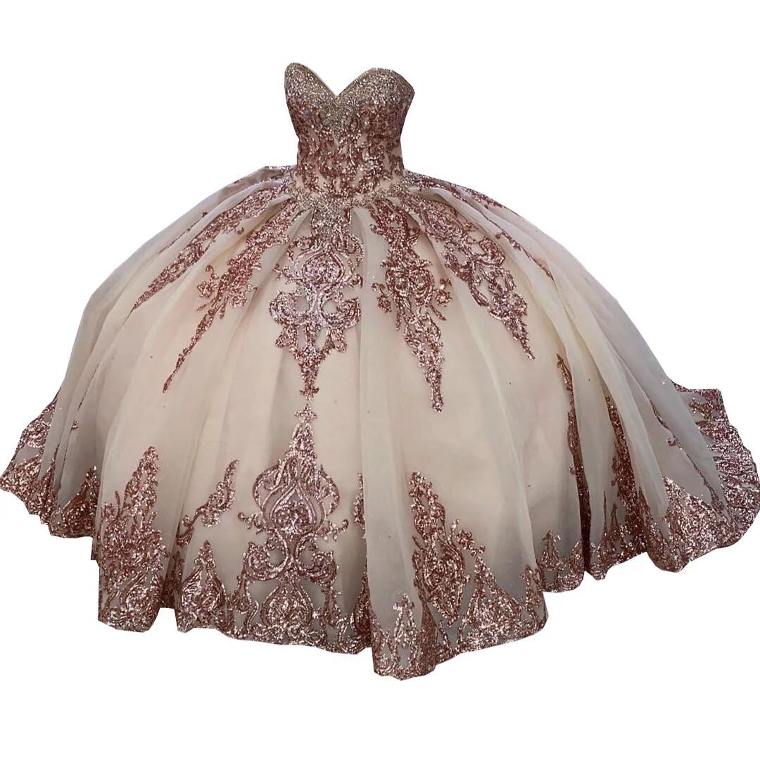 Sparkling Rose Gold Sequined Lace Ball Gown - Quinceañera Dress for Sweet 15, Prom Party, Pageant & Formal Events 2025 | Champagne Organza Fabric | Perfect for Birthday Celebrations, Homecoming & Special Occasions