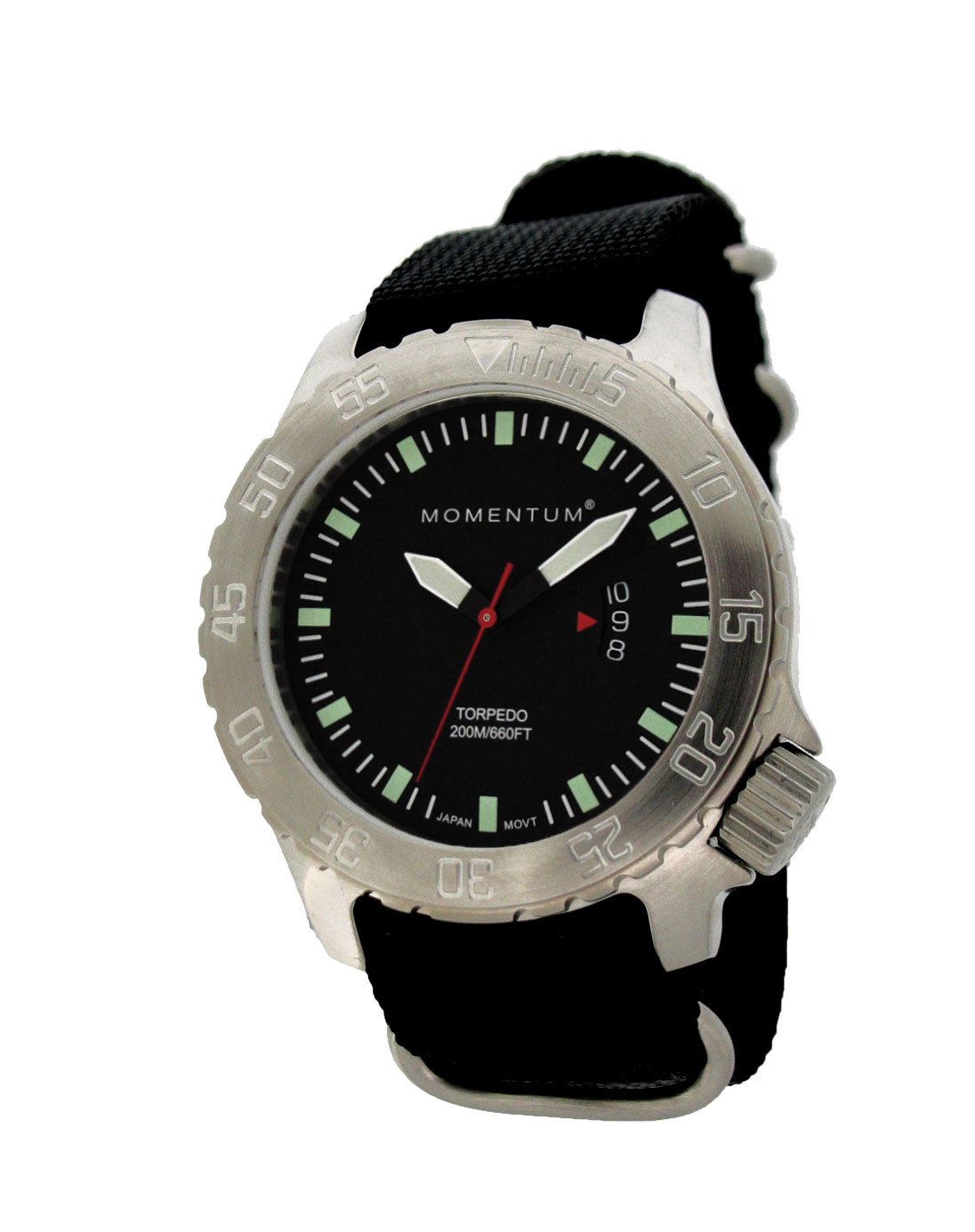 Premium Men's Dive Watch - Momentum Torpedo Sapphire Steel Quartz Watch with Japanese Movement & Analog Display | Water Resistant 200M | Date Function | Black Nylon Strap | Perfect for Swimming, Diving & Outdoor Adventures