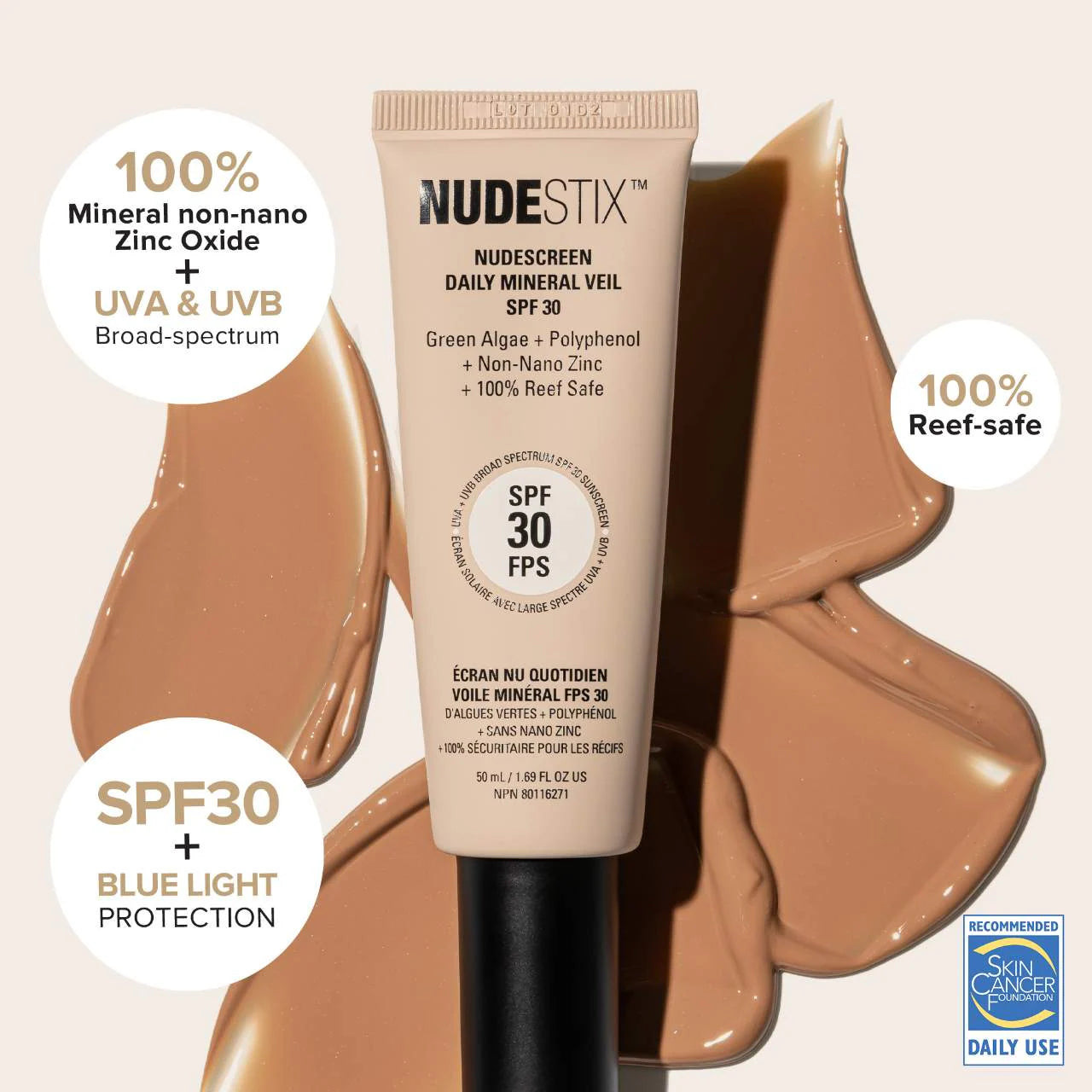 NUDESTIX Nudescreen Daily Mineral Face Veil SPF 30 - Lightweight Sunscreen for Daily Protection, Vegan & Cruelty-Free (Multiple Shades) - Perfect for Beach, Outdoor Activities & Everyday Wear