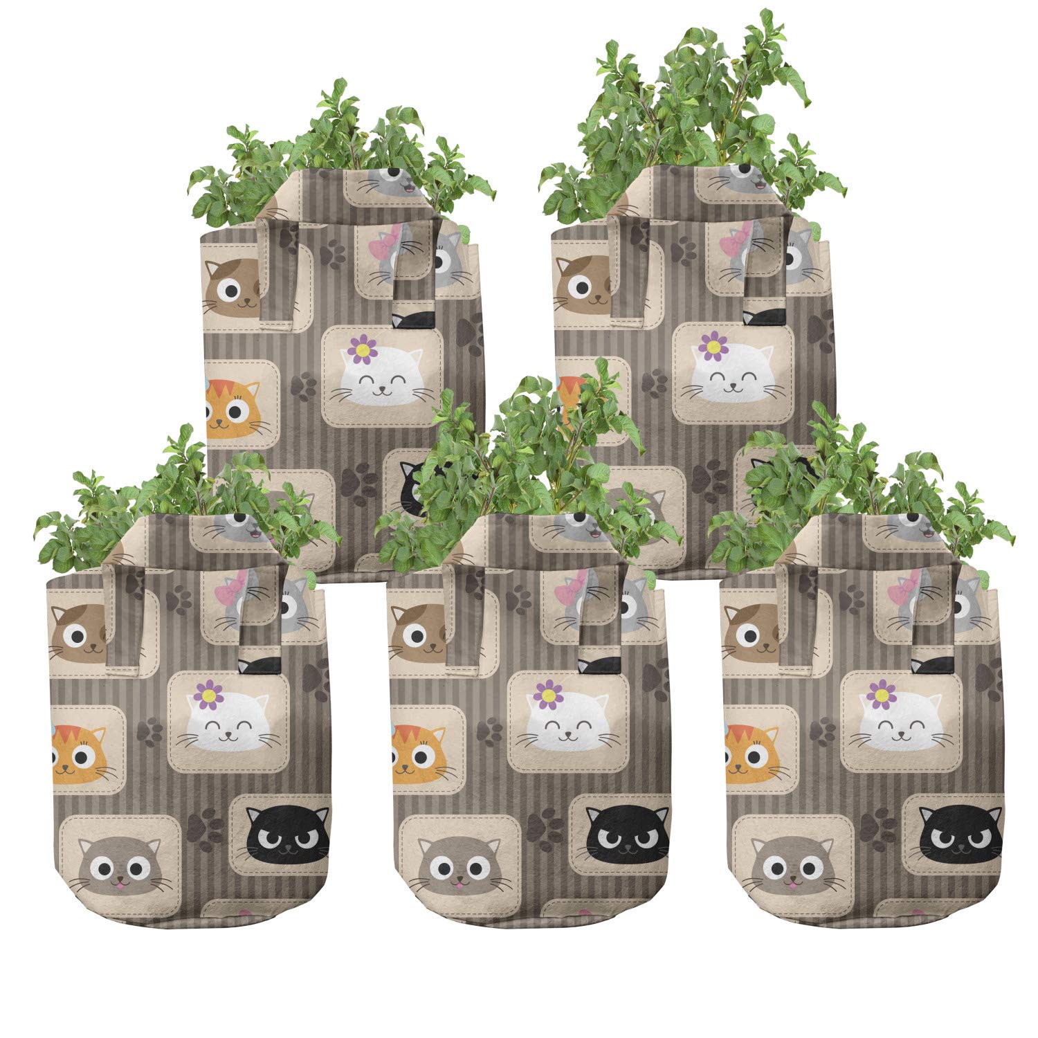 Ambesonne 5-Pack Cat-Themed Grow Bags - 7 Gallon Heavy Duty Fabric Plant Pots with Handles, Patchwork Style Funny Cat Faces Design, Multicolor - Perfect for Indoor/Outdoor Gardening, Balcony Plants & Home Decor
