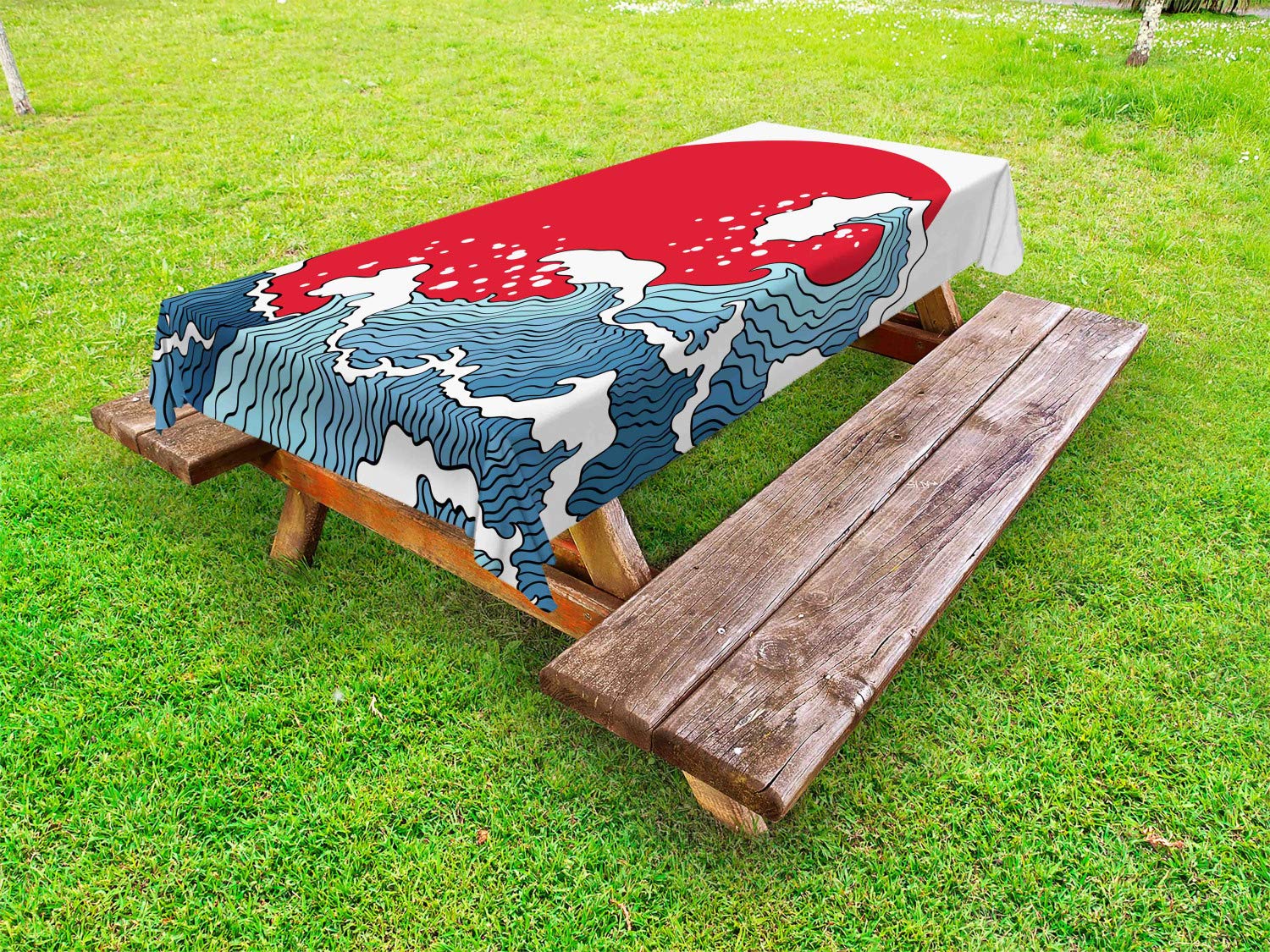 Ambesonne Japanese Wave Outdoor Tablecloth - Red Blue White Tropical Nautical Design with Sunset Scenery - Waterproof Washable Picnic Table Cover 58