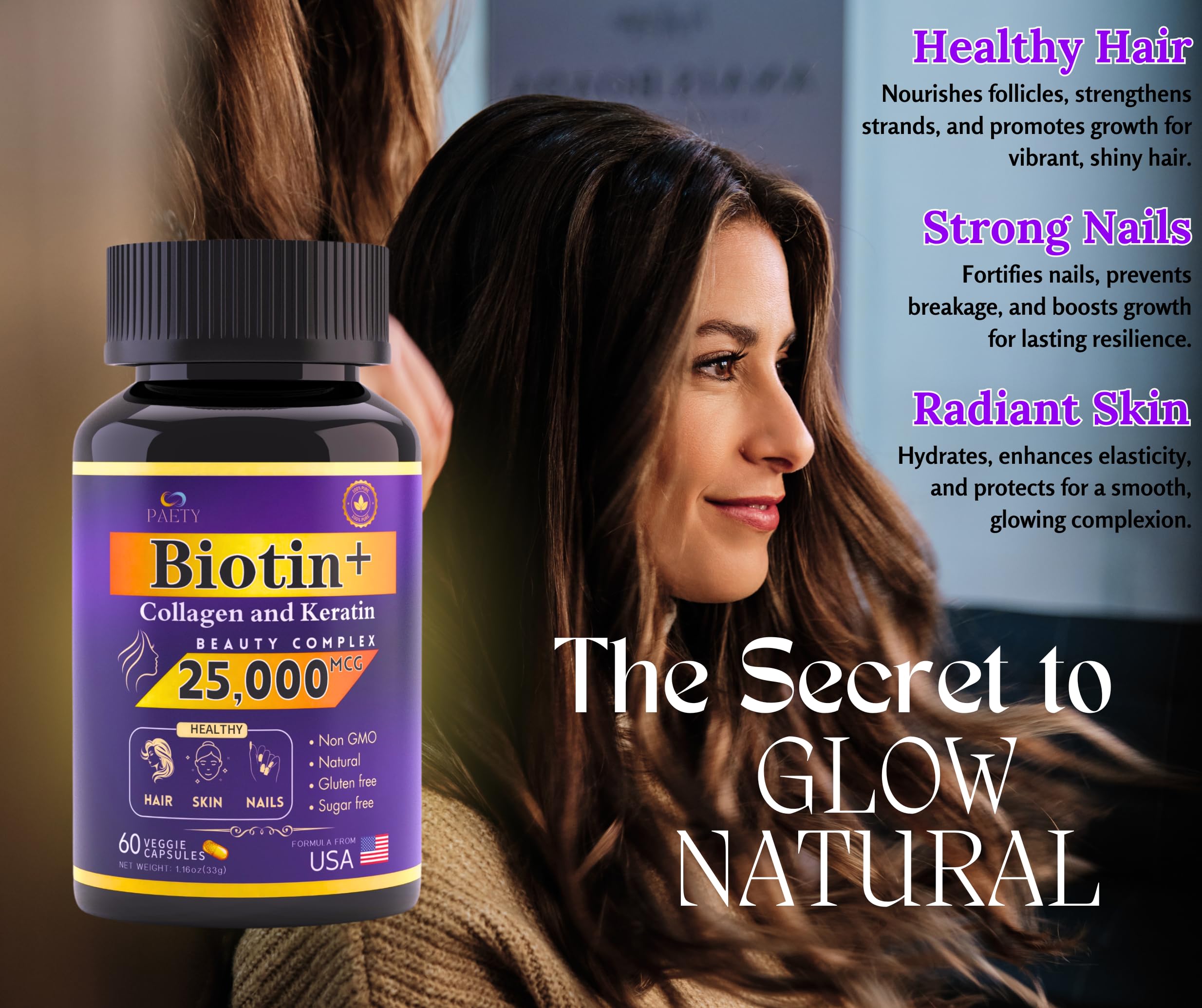 Biotin Collagen Keratin Complex 25000mcg with Hyaluronic Acid & B Vitamins - Clinically Proven Hair Skin & Nails Supplement - 60 Capsules for Women & Men - Promotes Healthy Hair Growth, Glowing Skin & Strong Nails - Perfect for Daily Beauty Routine & Anti-Aging Care