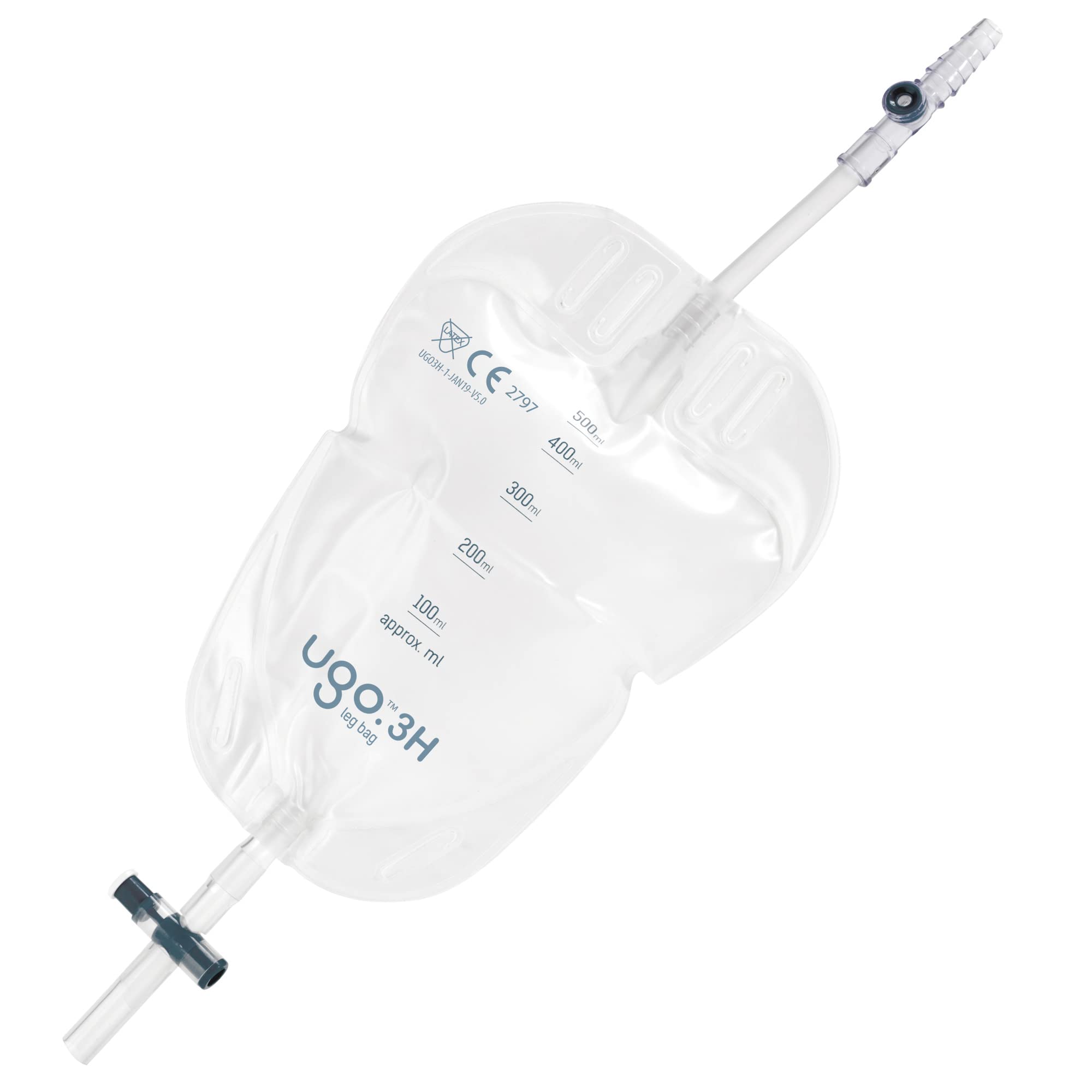 Ugo Leg Bags (Pack of 10) - 500ml Urine Drainage Catheter Bags with T-Tap, Soft Fabric Backing & Ergonomic Leg-Shape Design for Comfort - Ideal for Daily Use, Travel, and Post-Surgery Care (Ugo 3H Short Tube)