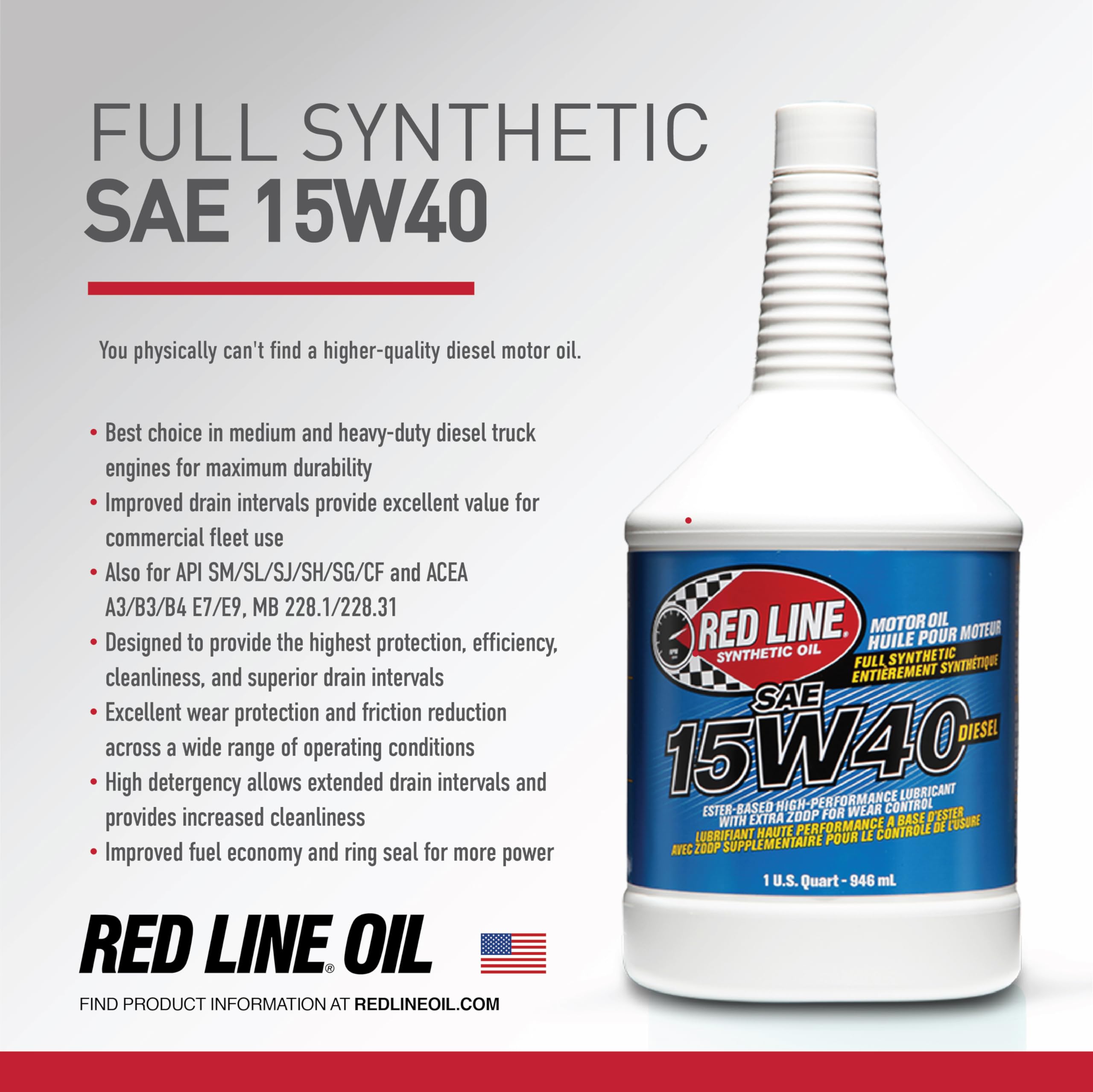 Red Line 21405 15W40 Full Synthetic Diesel Engine Oil - 1 Gallon (4 Pack) | High Performance Motor Oil for Trucks, SUVs & Heavy Duty Vehicles | Extreme Temperature Protection & Engine Cleanliness