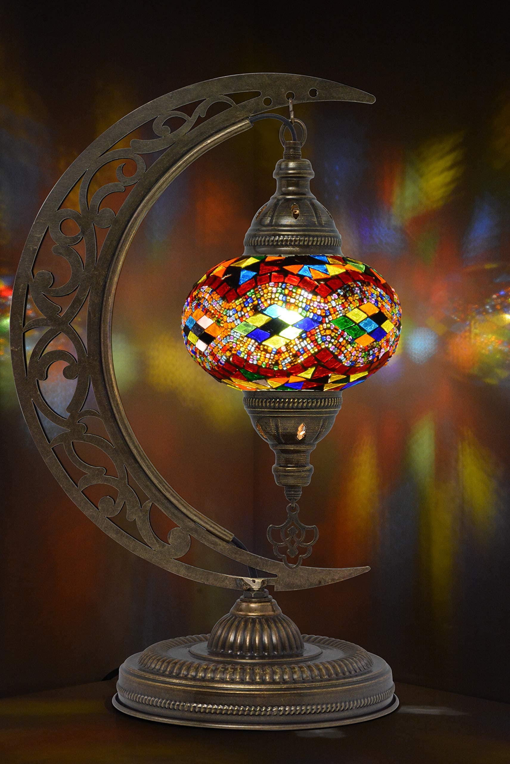 MOZAIST Turkish Mosaic Table Lamp - Handmade Moroccan Moon Shaped Tiffany Stained Glass Lamp with US Plug & E12 Socket | Bohemian Vintage Bedside & Desk Lighting for Living Room, Bedroom Decor
