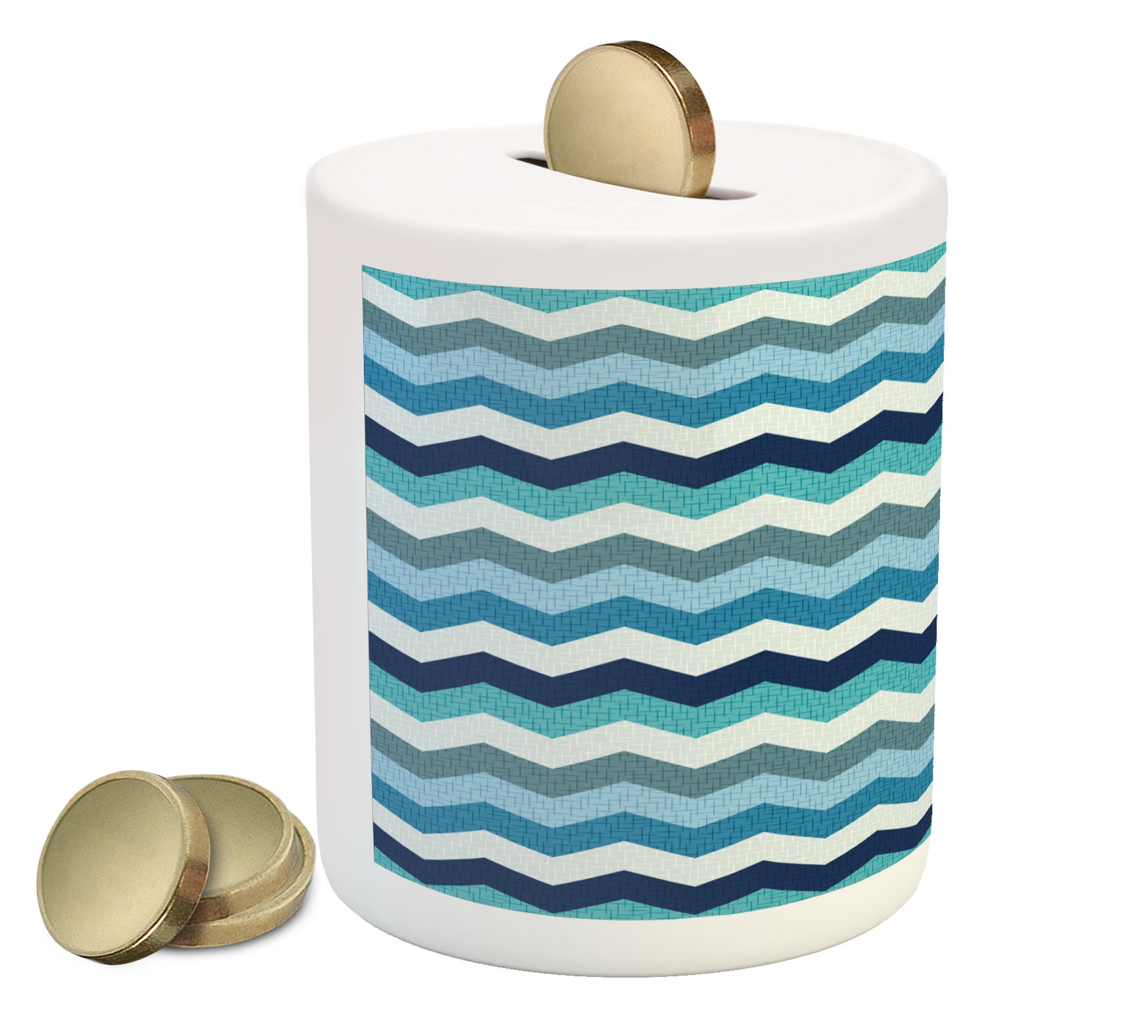Ambesonne Ceramic Piggy Bank - Retro Vintage Chevron Geometric Zig Zag Stripes Design, Money Saving Coin Bank for Cash & Coins, Pale Blue Navy Blue Seafoam - Perfect for Kids Room Decor, Birthday Gifts & Home Savings Jar