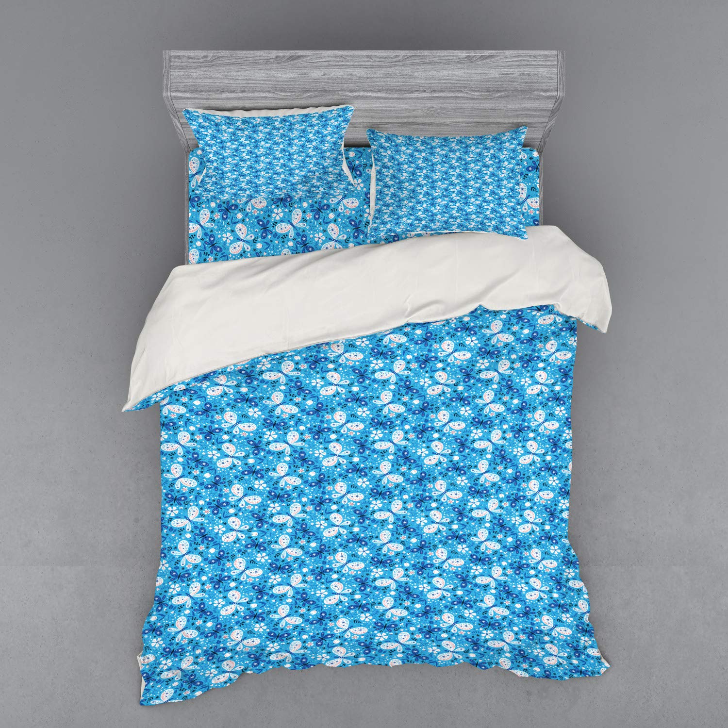 Ambesonne Spring Queen Size 4-Piece Bedding Set - Nature Inspired Butterflies and Flowers Duvet Cover with Shams & Fitted Sheet in Azure Blue & Coral | Perfect for Guest Rooms, Master Bedrooms & Seasonal Decor Refresh