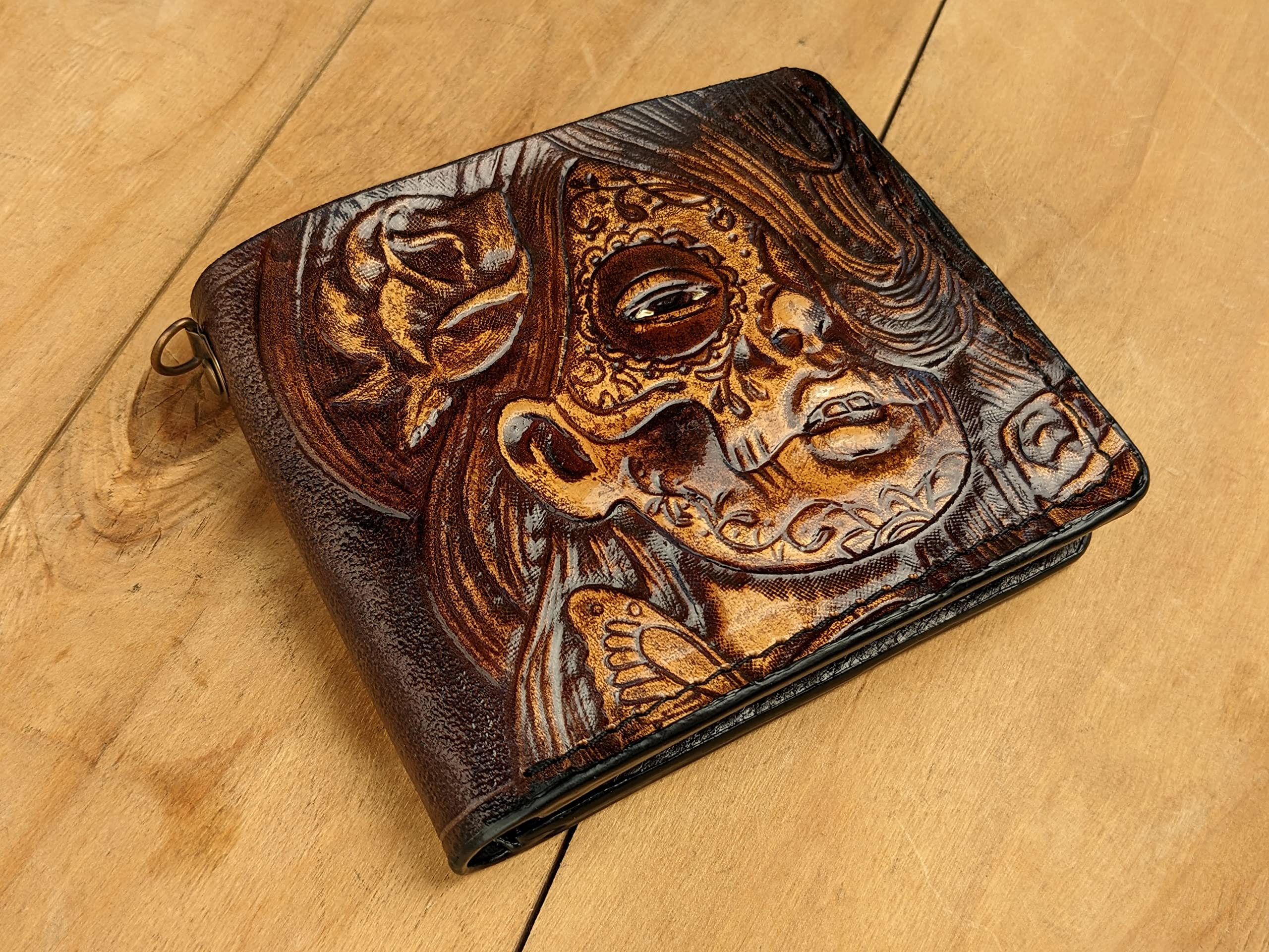 Handcrafted 3D Genuine Leather Bifold Wallet - Mexican Day of the Dead Sugar Skull Carved Design, Custom Personalized Airbrush Art Wallet for Men | Perfect Gift for Father's Day, Birthday & Everyday Use