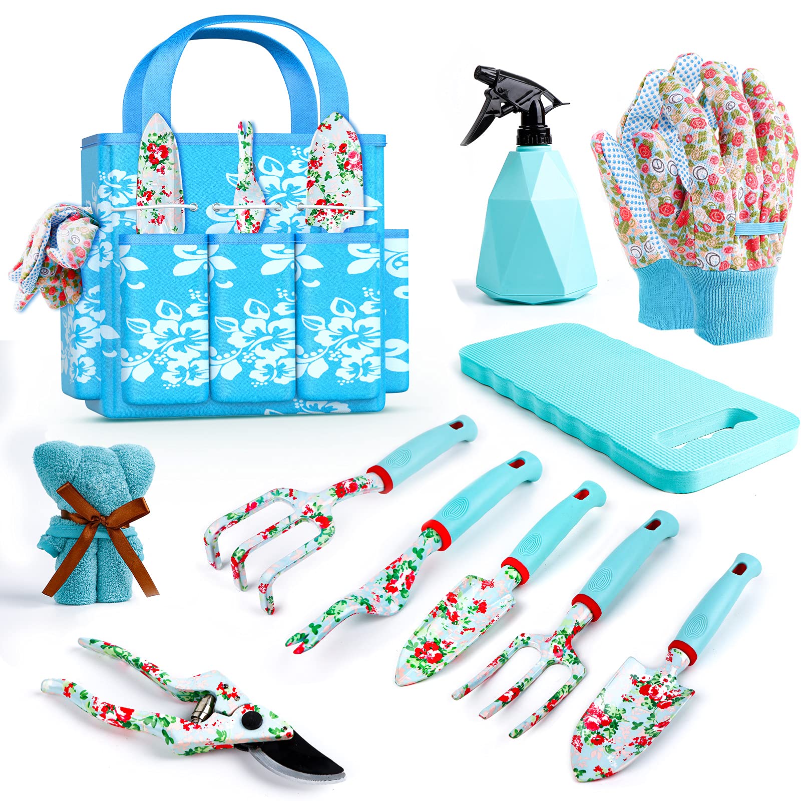 Premium 11-Piece Heavy Duty Floral Garden Tools Set - Includes Hand Trowel, Rake, Weeder, Pruner & Sprayer - Complete Gardening Kit with Storage Tote Bag & Gloves - Perfect Gift for Women Gardeners - Ideal for Planting, Weeding, Pruning & Outdoor Gardening Activities