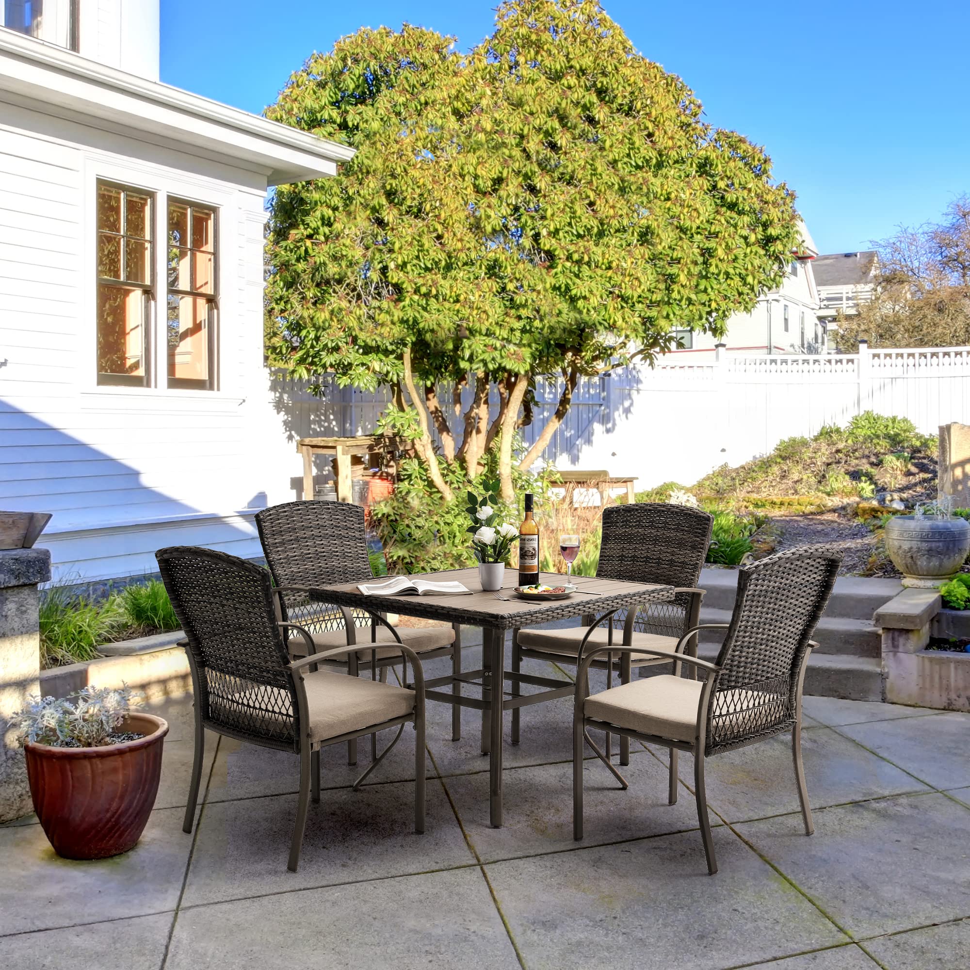 5-Piece All-Weather Patio Dining Set for 4 with Umbrella Hole - Beige Plastic-Wood Table & Wicker Chairs with Removable Cushions - Perfect for Deck, Garden, Backyard, Poolside & Outdoor Entertaining