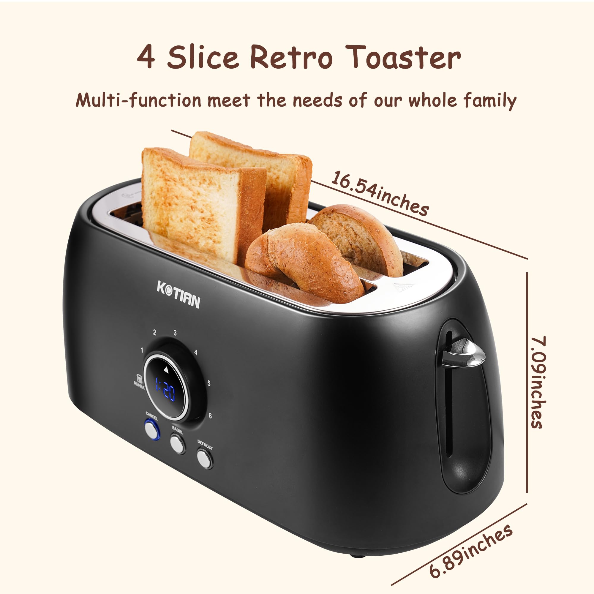 **KOTIAN 4-Slice Retro Toaster - Stainless Steel Long Slot Toaster with Countdown Timer, Bagel, Defrost & Reheat Functions - Extra Wide Slots, 6 Toast Settings, Removable Crumb Tray (Matte Black) - Perfect for Breakfast, Brunch & Small Kitchens**