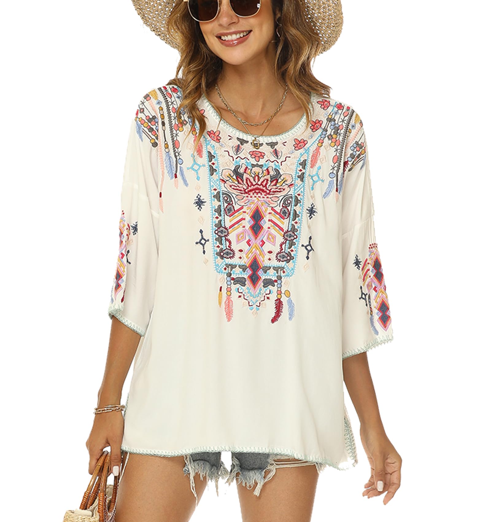 Higustar Mexican Embroidered Tops for Women | Traditional Boho Tunic Shirt | Plus Size Bohemian Blouse | Peasant Style Embroidered Clothing | Perfect for Music Festivals, Beach Vacations & Boho Fashion Outfits