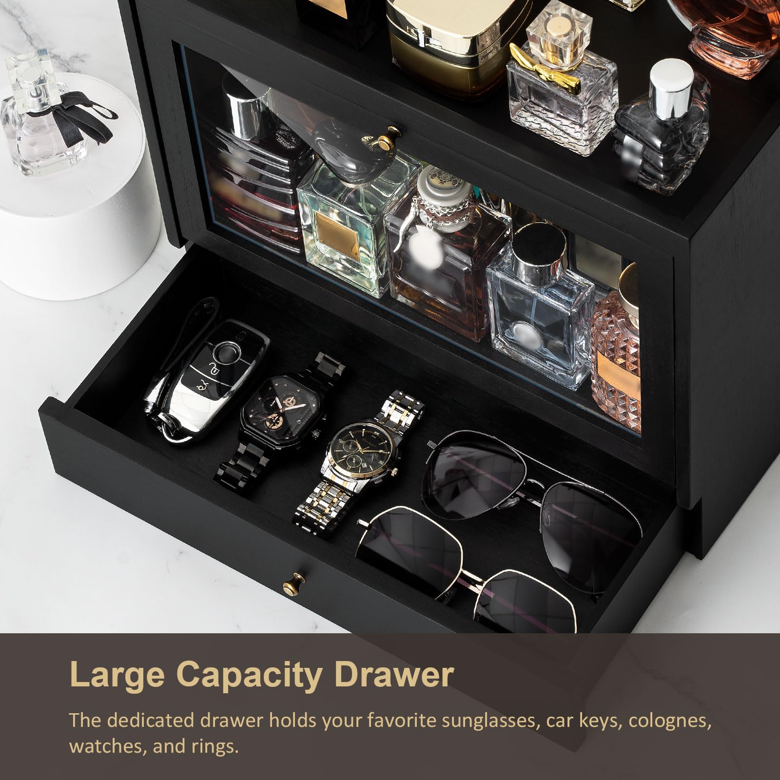 Premium Solid Wood Cologne Organizer for Men - Large Capacity Perfume Stand with Dustproof Drawer Storage - Stylish Dresser Top Fragrance Display - Perfect Gift for Men (Black) - Ideal for Bedroom, Bathroom & Vanity Organization