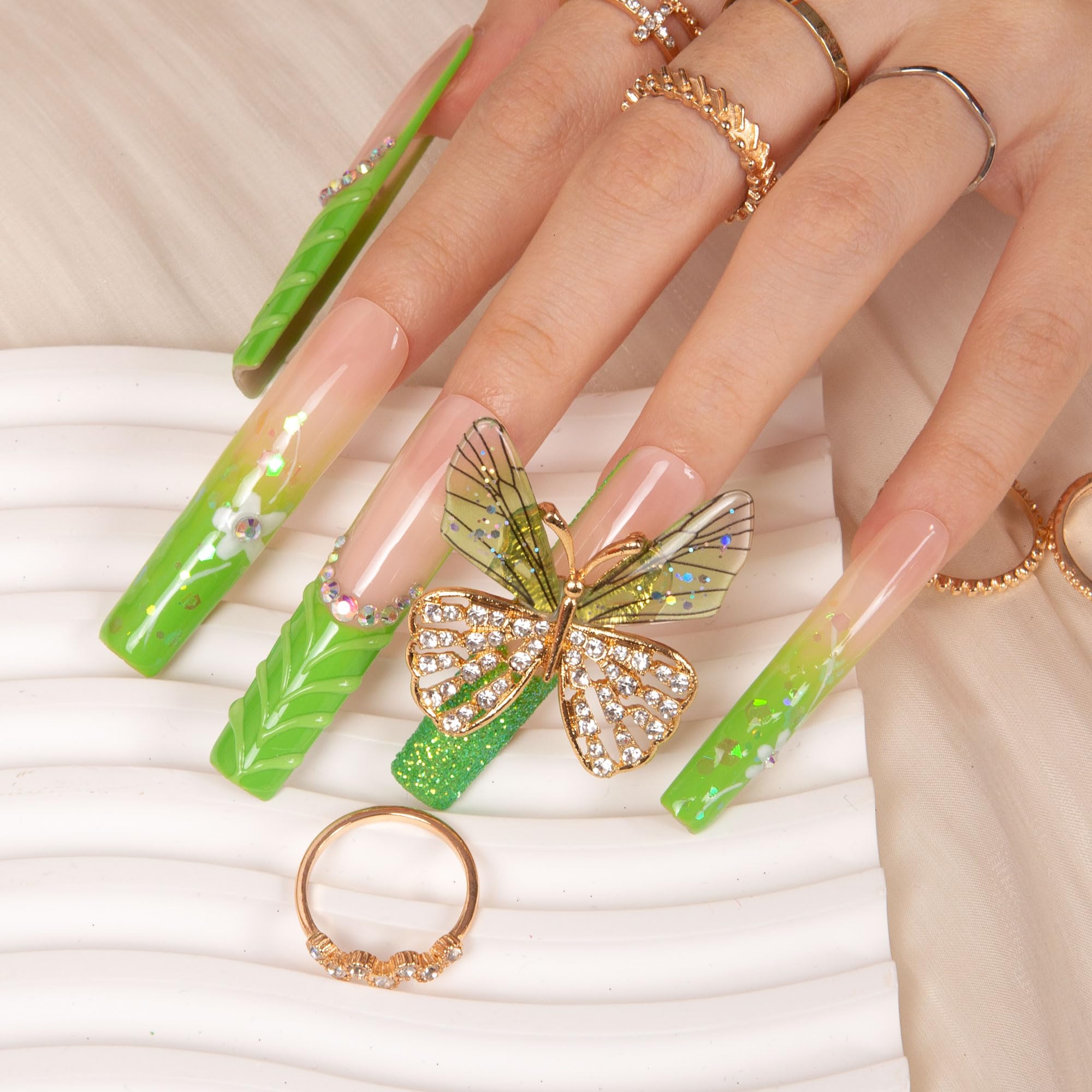 Butterfly Kiss Press on Nails with Full Cover Crystals - Handmade Reusable Fake Nails - Square Long 2.2 Inch False Nails H255-M - Perfect for Parties, Weddings, and Special Occasions