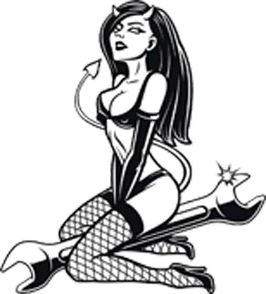 Sexy Devil Girl Pinup Model Wrench Cartoon Vinyl Sticker - 4 Inch Tall Decal for Toolboxes, Laptops & Motorcycles - Fun Automotive & Workshop Accessory