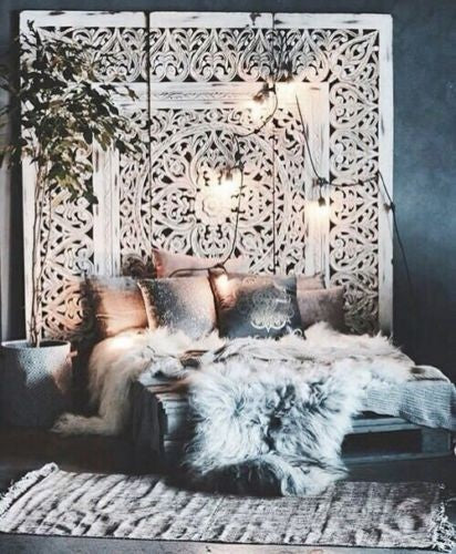 Hand Carved Solid Wood Jody Bed Frame - Indian Dynasty Style in White | Perfect for Master Bedroom, Guest Room & Boho Decor