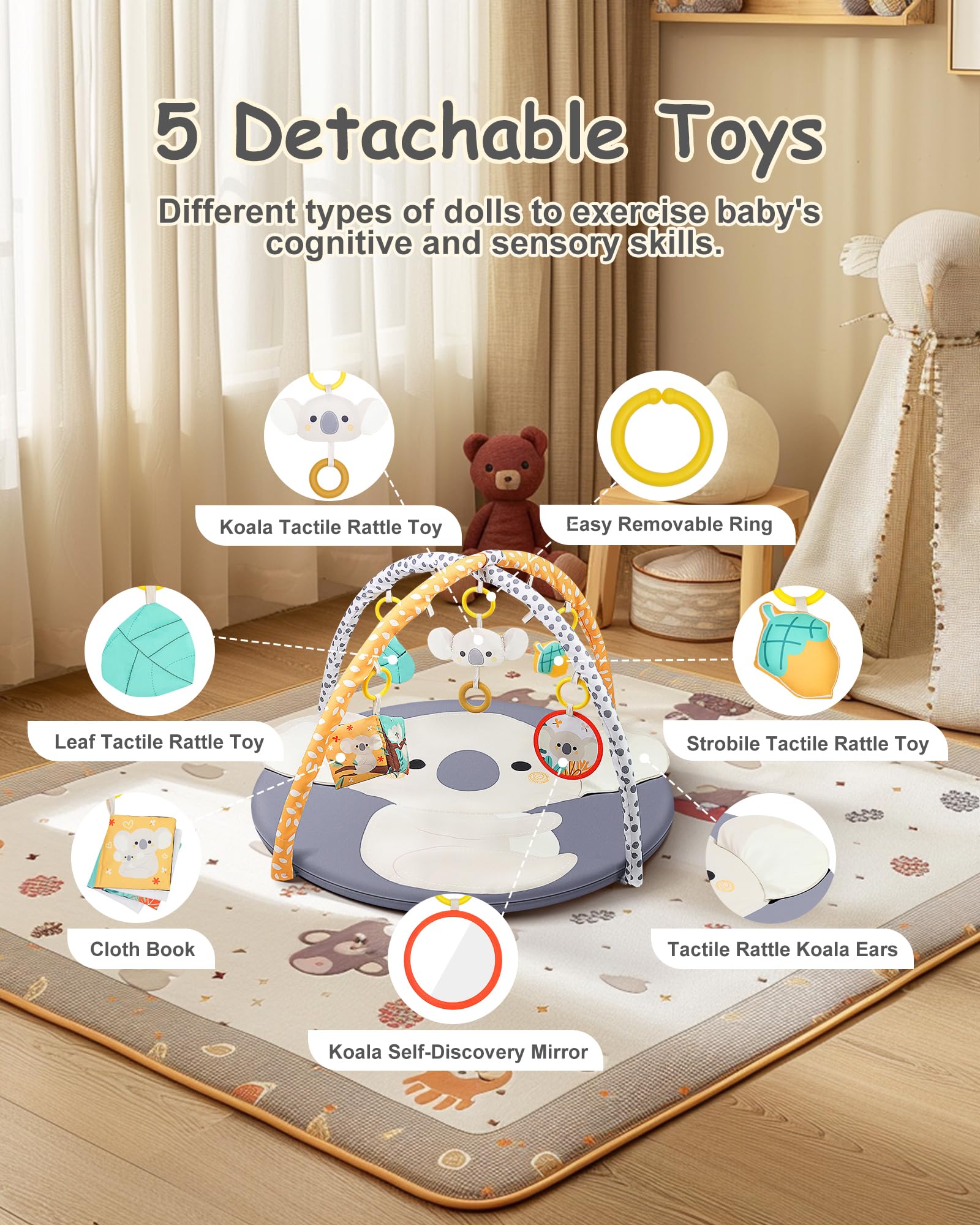 Koala Baby Play Gym & Tummy Time Mat - Foldable Activity Gym with 5 Detachable Toys for Newborns 0-12 Months | Sensory Development & Motor Skills Training | Perfect for Nursery, Daycare & Travel Playtime