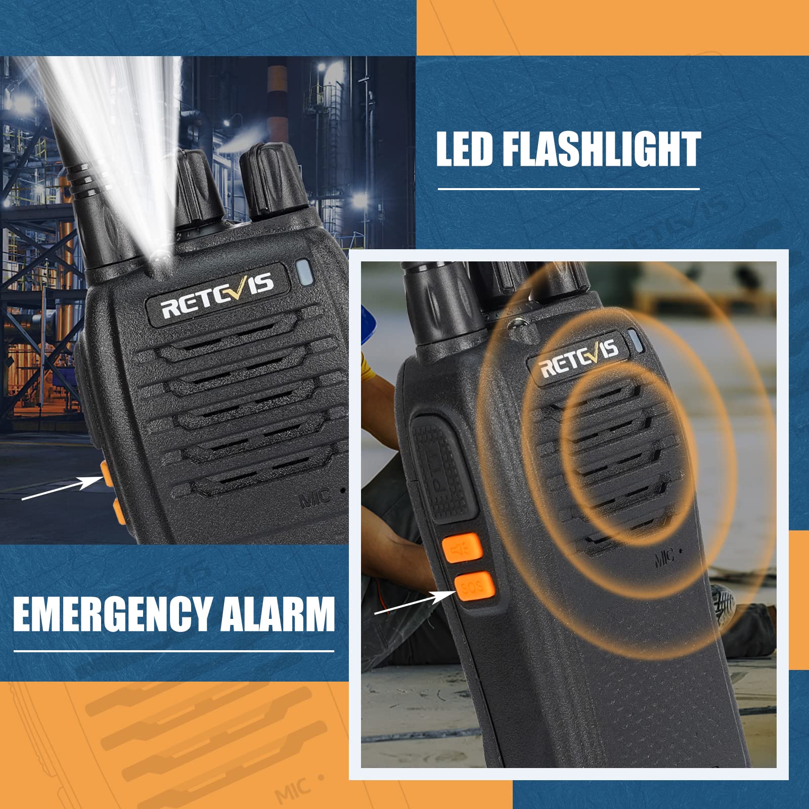 Retevis RB668 Professional Walkie Talkies with LED Flashlight & Emergency Alarm - USB-C Rechargeable PMR446 Rugged Two-Way Radios (10 Pack, Black) - Ideal for School Security, Construction Sites, and Outdoor Adventures