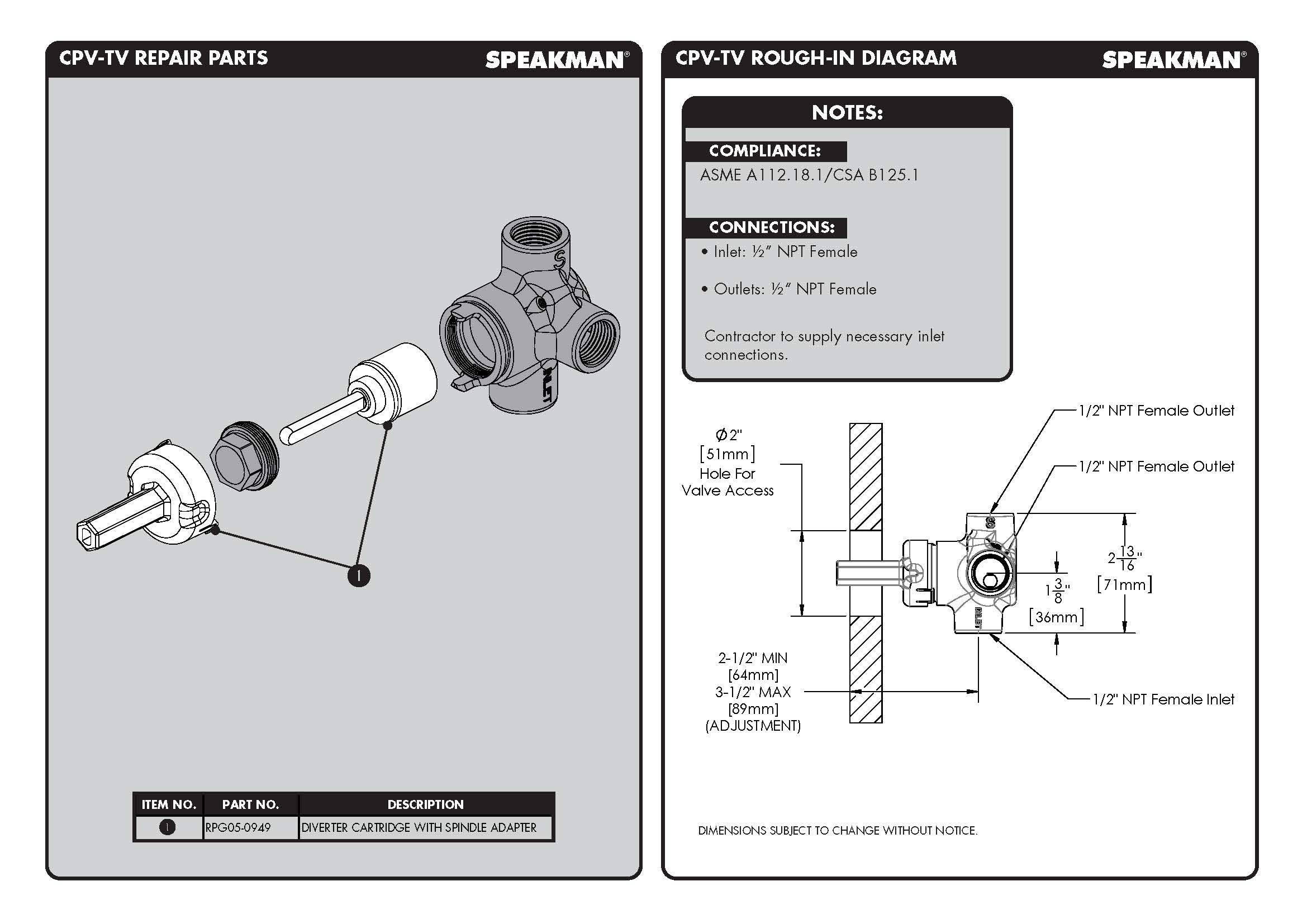 Speakman CPV-TV Brass Transfer Shower Valve - Durable Bathroom Fixture for Hotels, Homes & Commercial Use